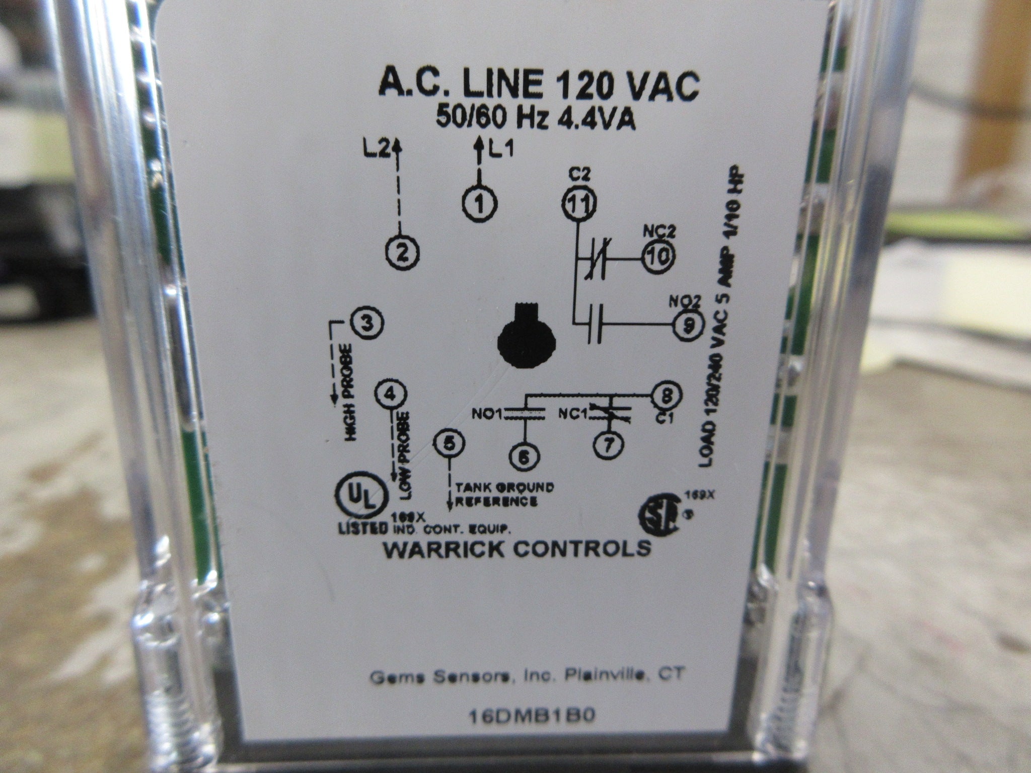 Warrick Controls Liquid Level Relay 16DMB1B0 120V 50/60Hz 4.4VA w/ Base Used