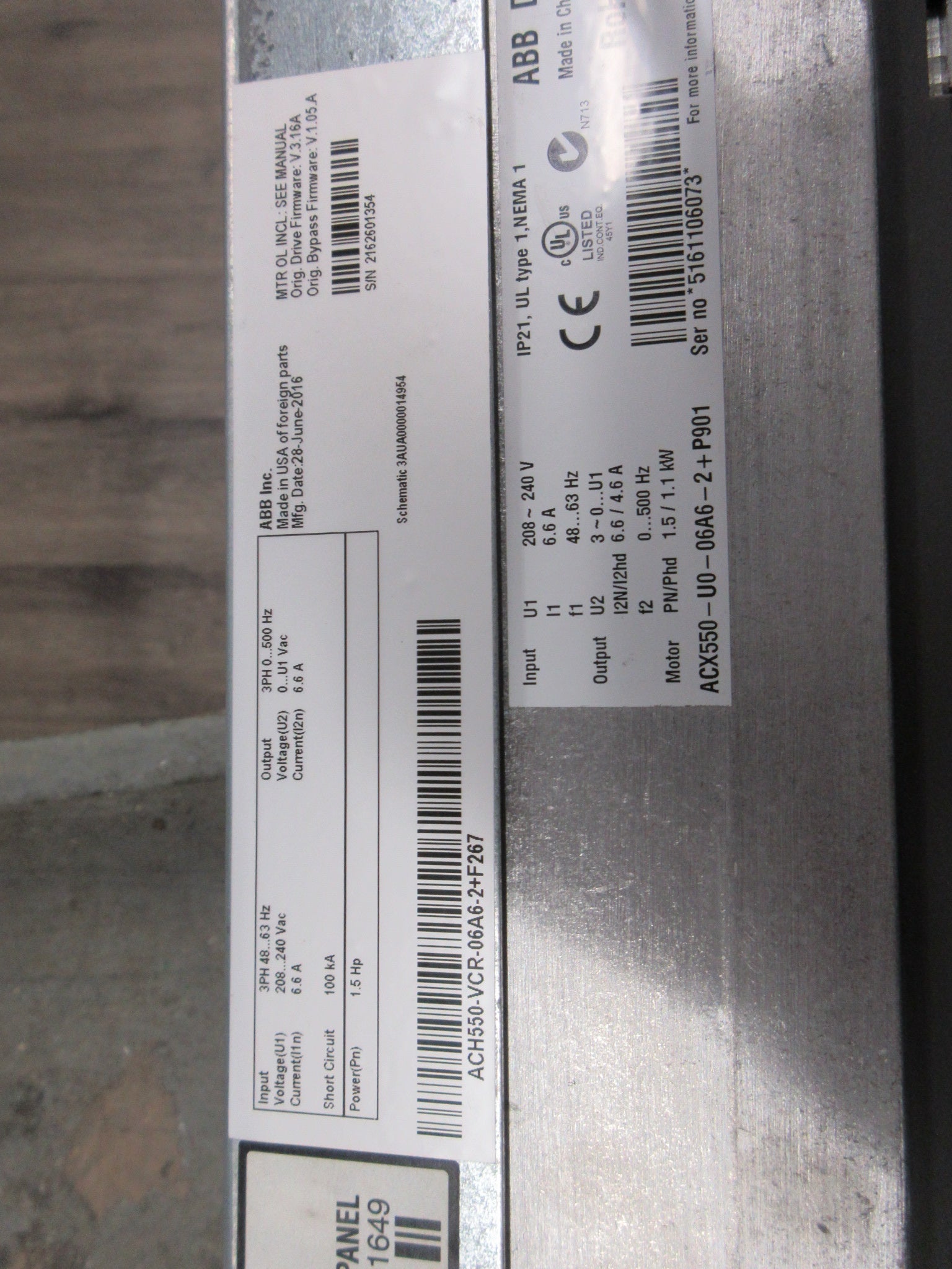 ABB ACH550 AC Drive w/ Bypass ACH550-VCR-06A6-2+F267 1.5HP 3Ph w/ Keypad Used
