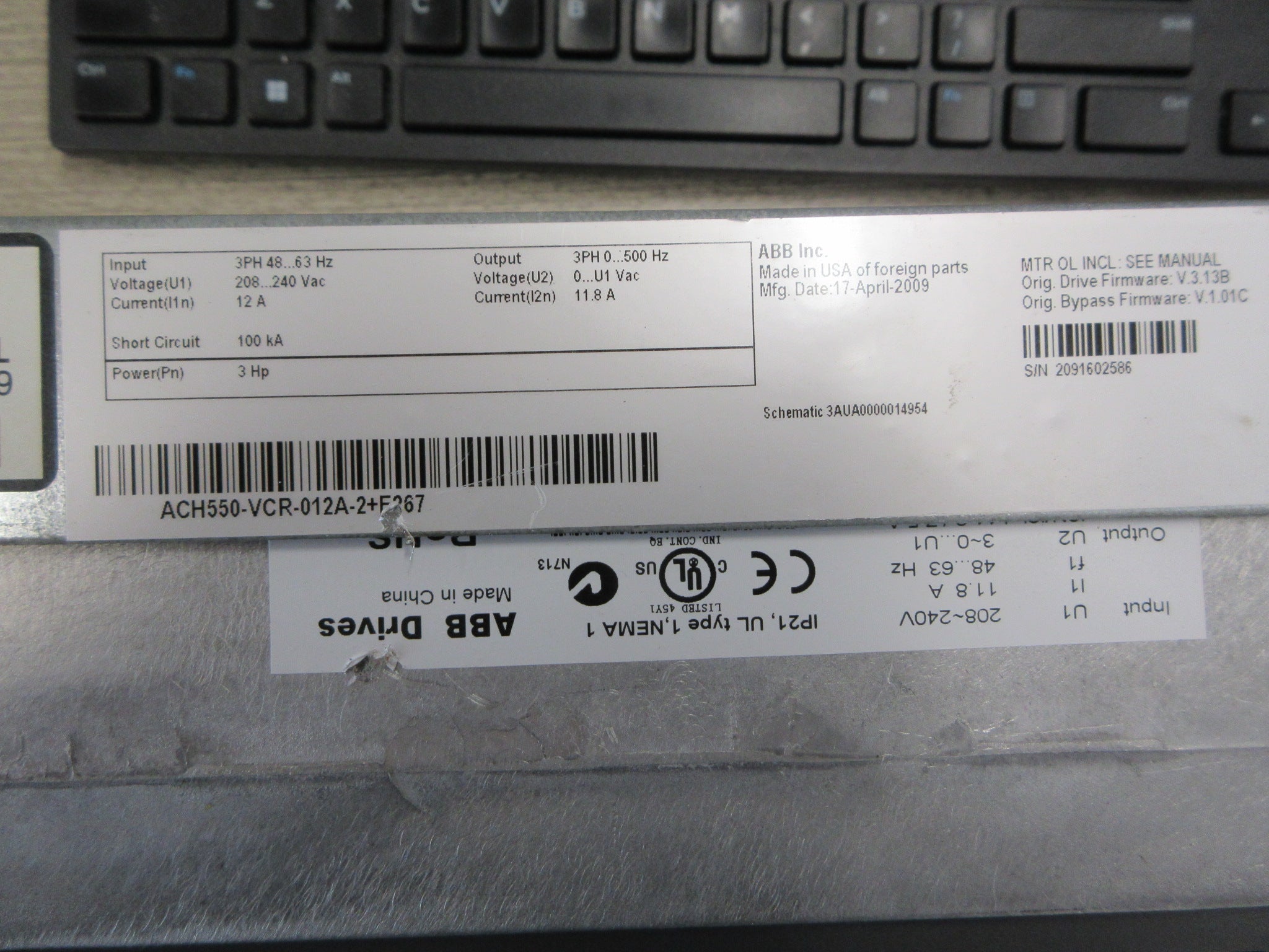 ABB ACH550 AC Drive w/ Bypass ACH550-VCR-012A-2+F267 3HP 3Ph w/ Keypad Used