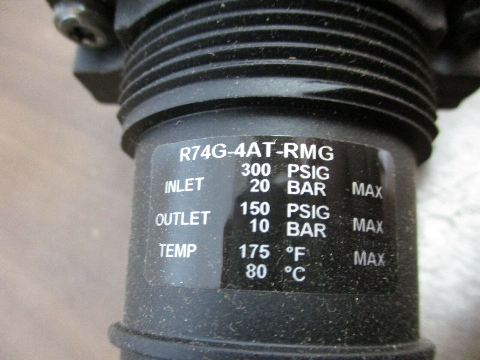 Norgren Regulator R74G-4ST-RMG Inlet: 300 PSIG Outlet: 150 PSIG Temp: 175°C