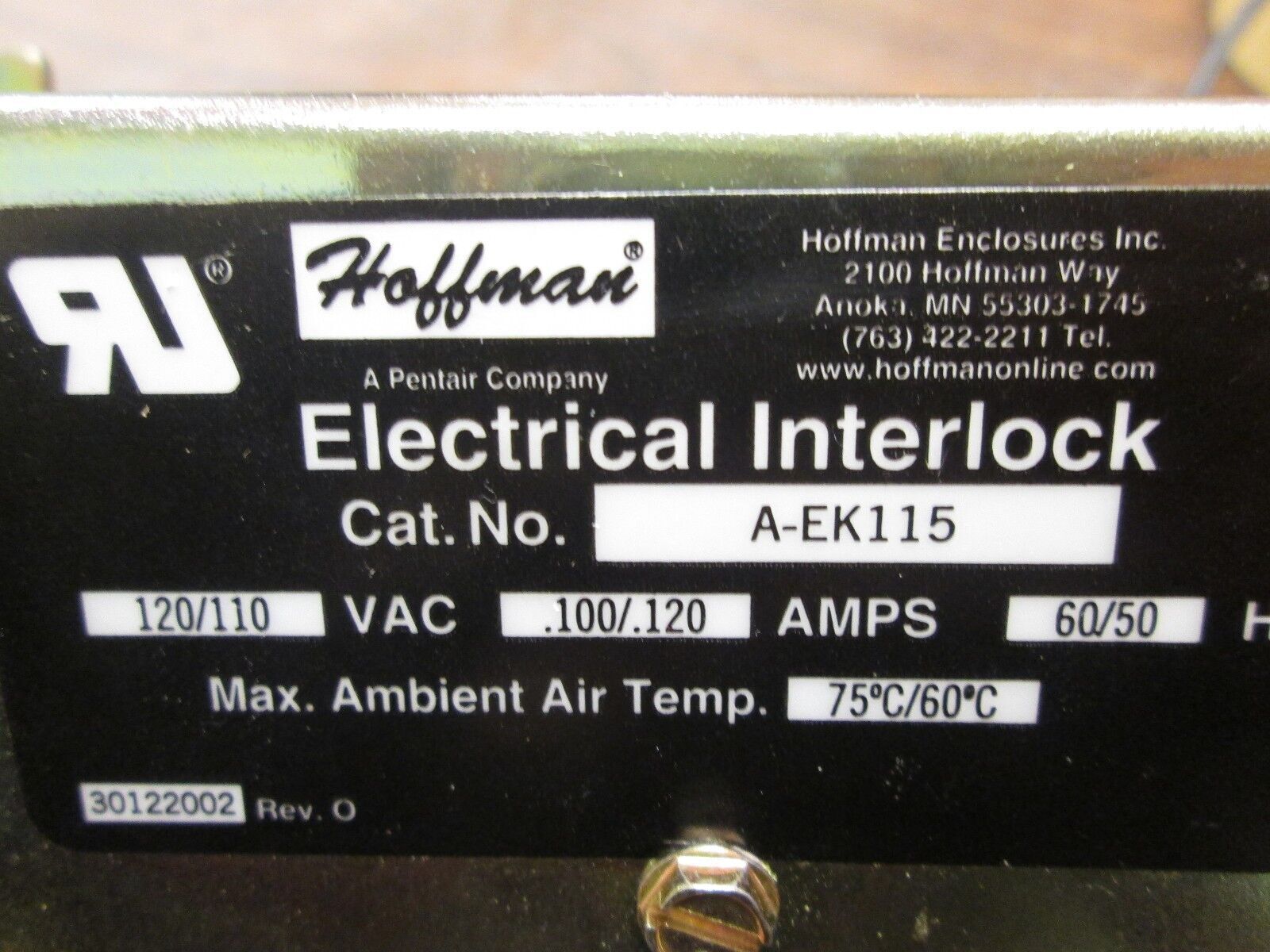 Hoffman Electrical Interlock A-EK115 120/110V .100/.120A 60/50Hz Used