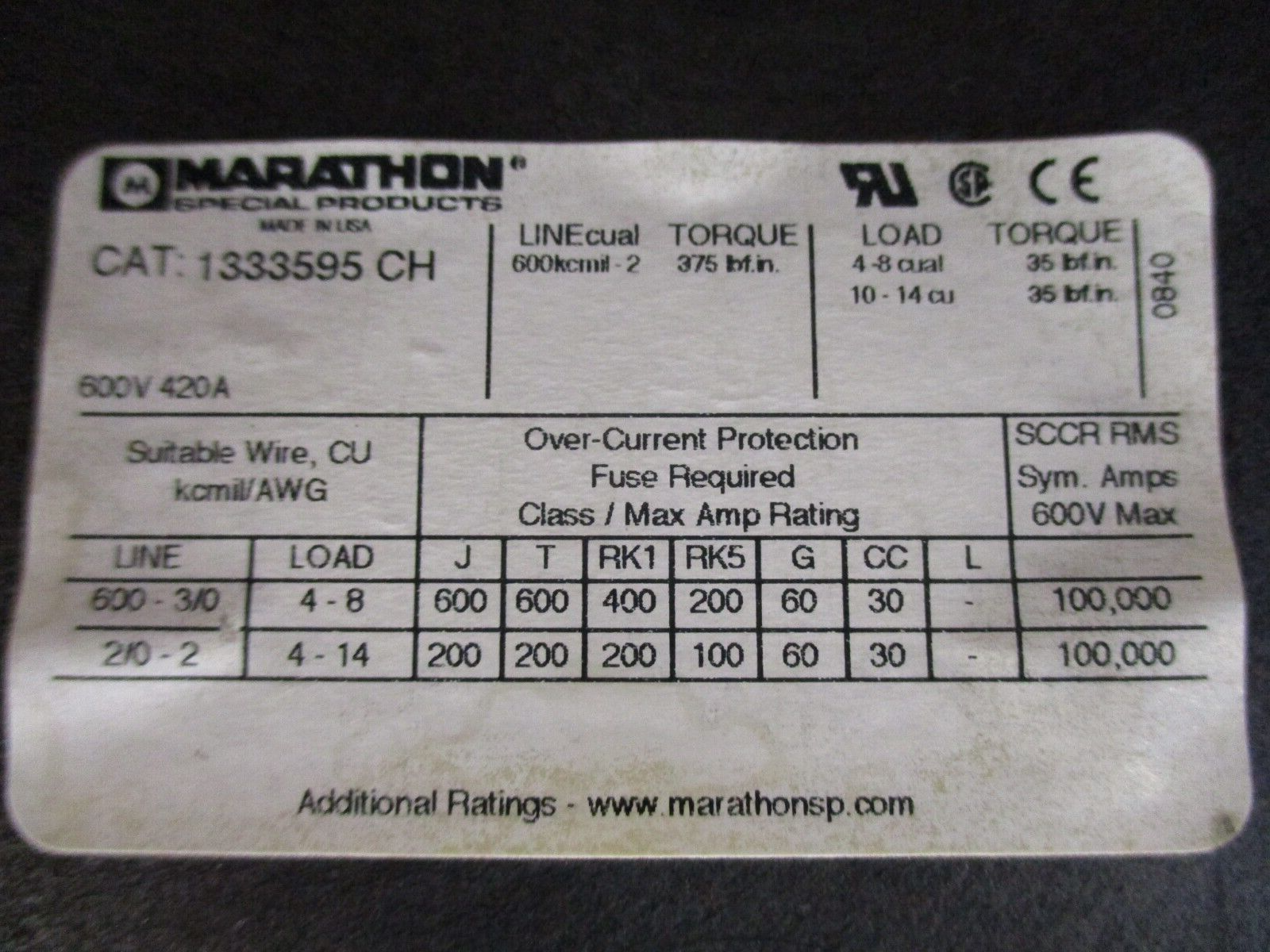 Marathon Power Distribution Block 1333595 CH 420A 600V 3P Load: 4-8, 4-14 Used