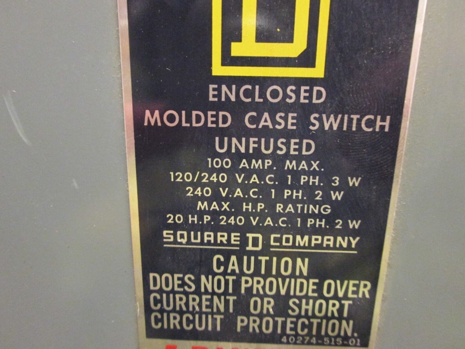 Square D Enclosed Molded Case Switch 40274-515-01 100A Max 1Ph 120/240V Used