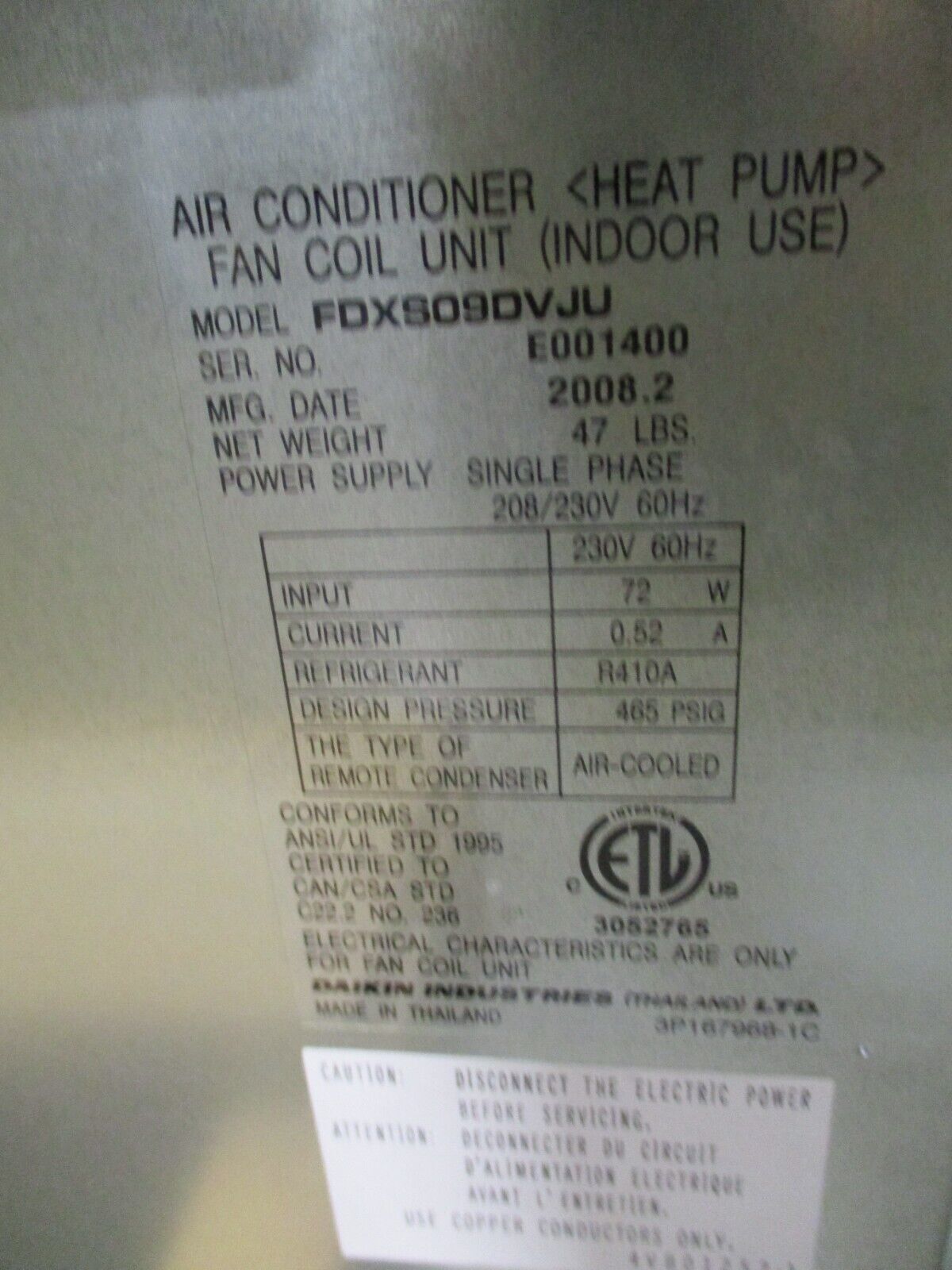 Daikin Air Conditioner/Heat Pump Fan Coil Unit FDXS09DVJU 208/230V 1Ph 60Hz Used