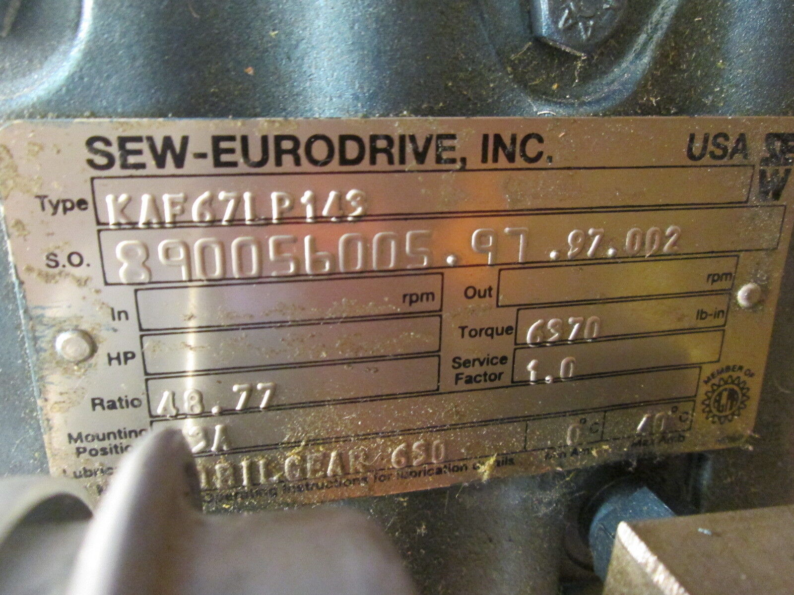 SEW-Eurodrive Gear KAF67LP143 Ratio 48.77:1 6370 in/lbs Torque Used
