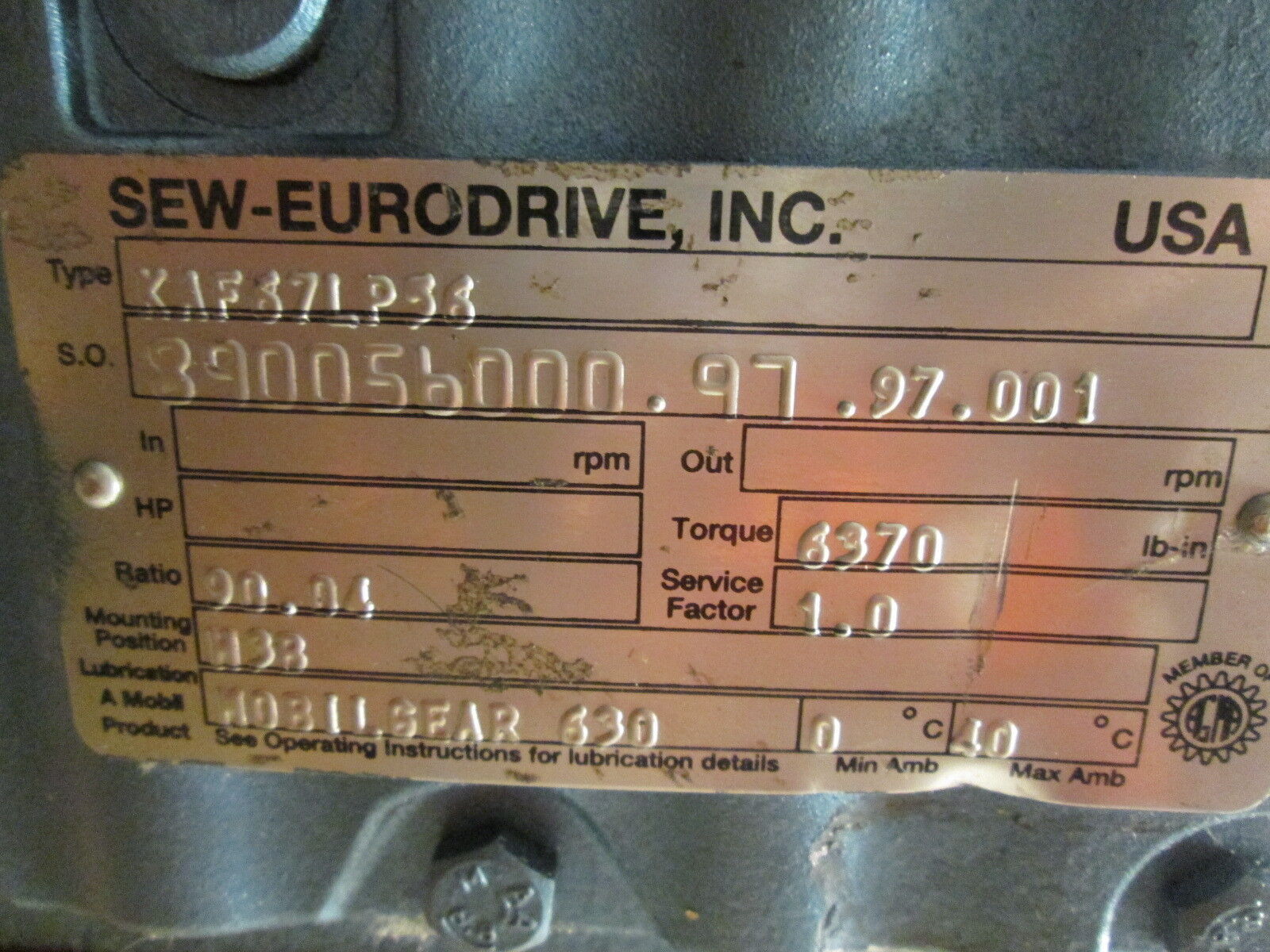 SEW-Eurodrive Gear KAF67LP56 Ratio 90.04:1 6370 in/lb Torque Used