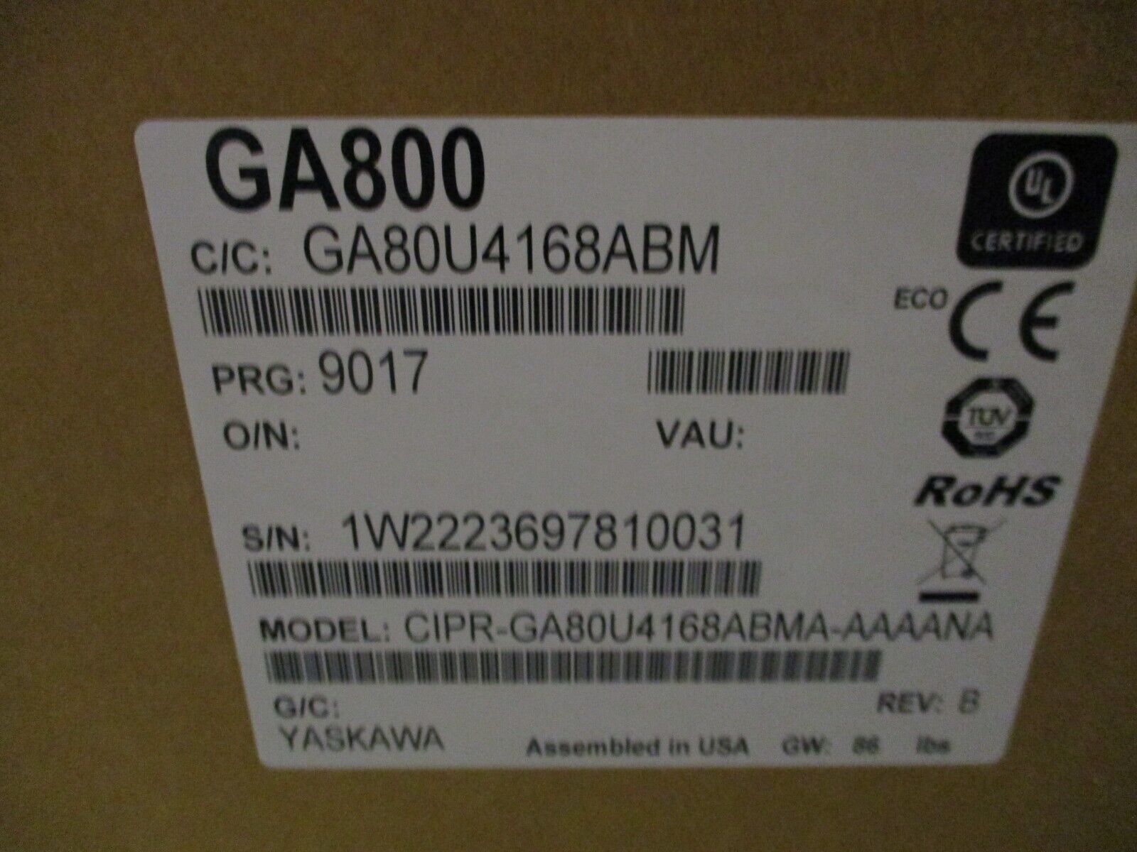 Yaskawa GA800 AC Drive CIPR-GA80U4168ABMA-AAAANA Rev. B 125HP 480V 3Ph