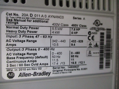 Allen-Bradley PowerFlex 70 AC Drive 20A D 011 A 0 AYNANC0 7.5HP 3Ph Used