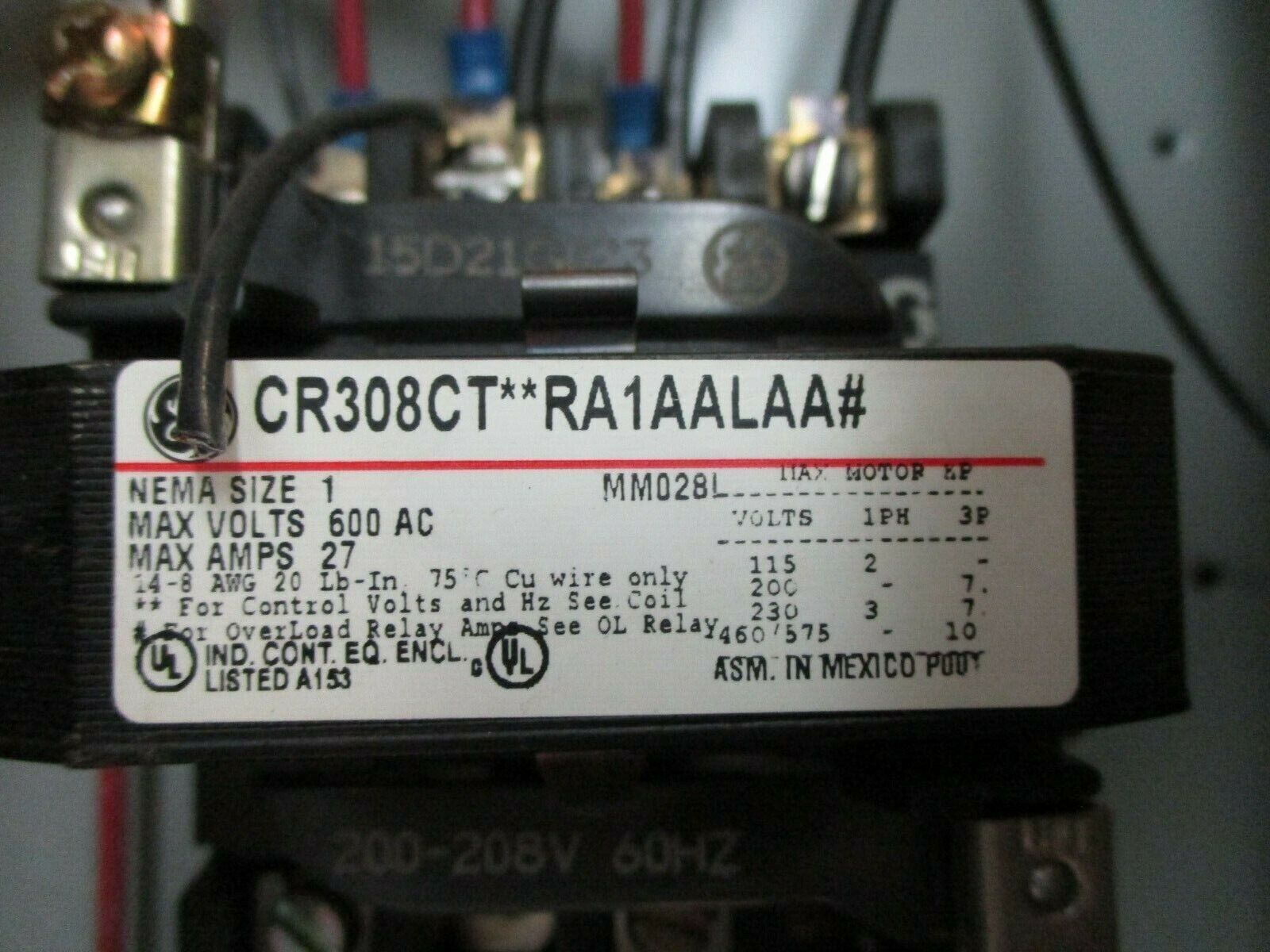 GE Fusible Size 1 Combination CR308CT**RA1AALAA# 200-208V Coil 27A 600V, Used