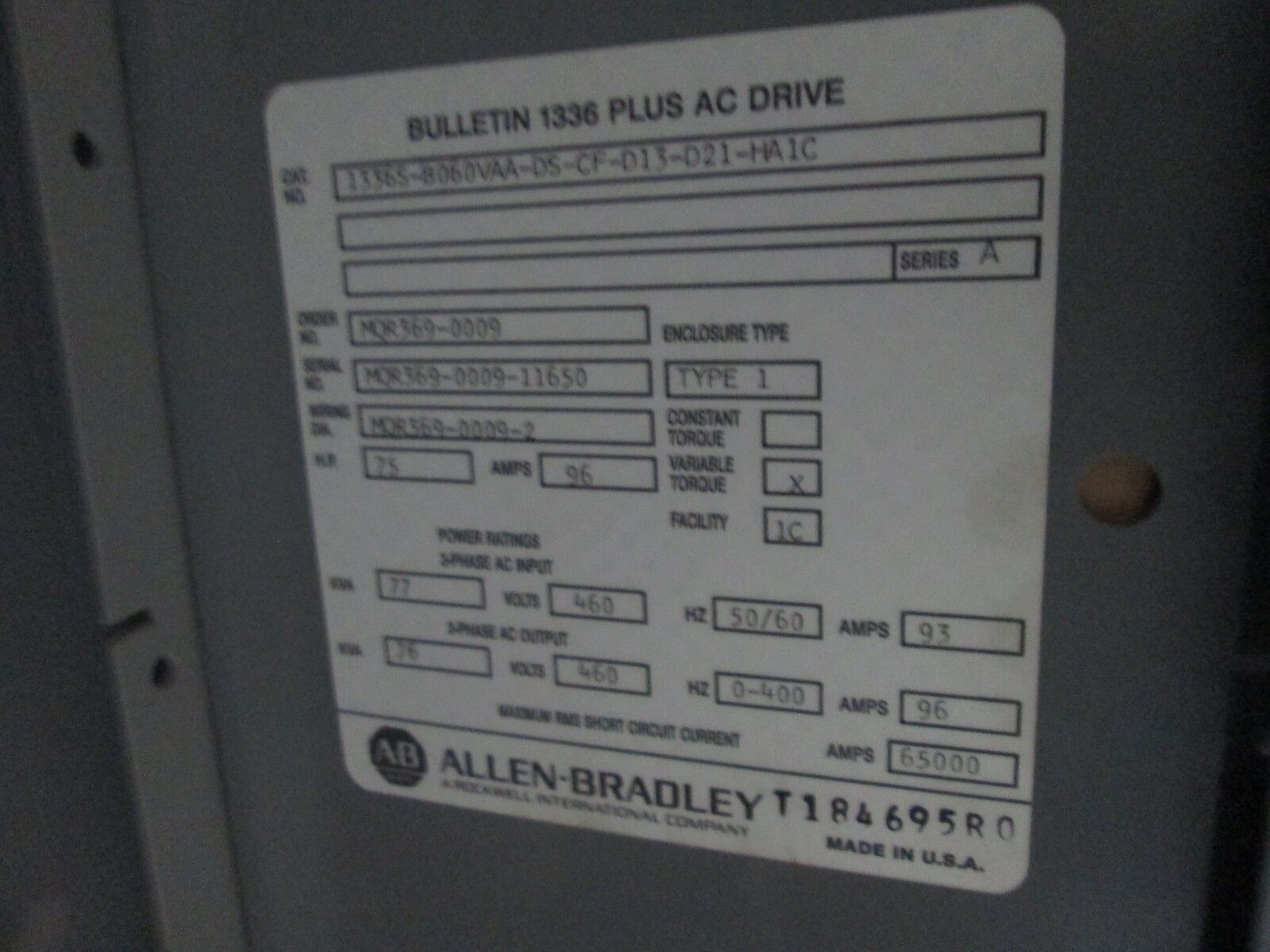 Allen-Bradley 1336 Plus AC Drive w/ Bypass 1336S-B060-AX-EN-L6 60/75HP 3Ph Used