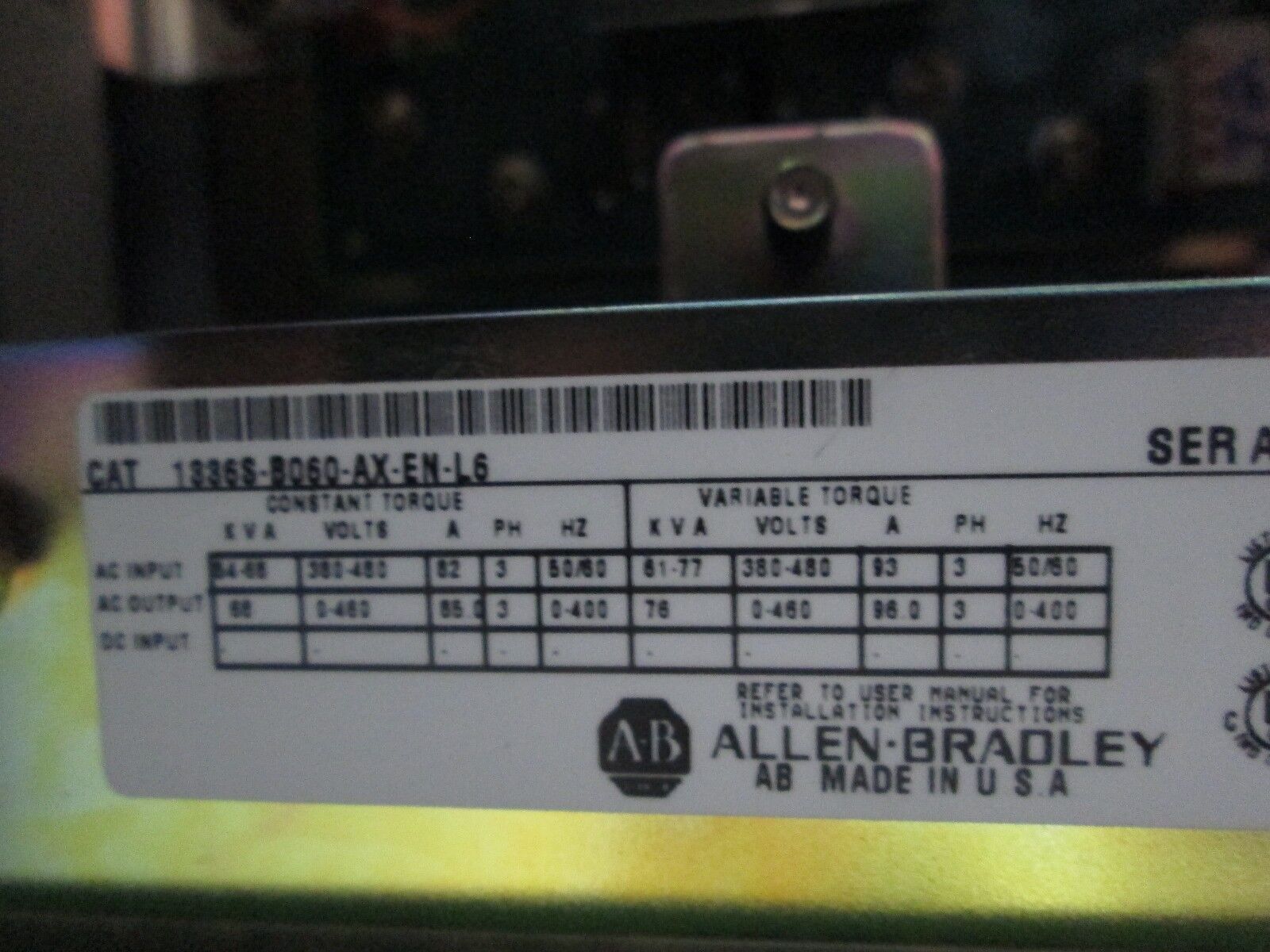 Allen-Bradley 1336 Plus AC Drive w/ Bypass 1336S-B060-AX-EN-L6 60/75HP 3Ph Used