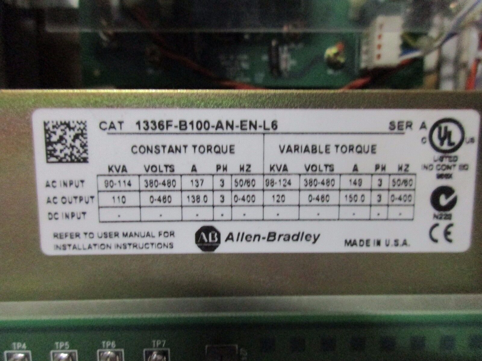 Allen-Bradley 1336 Plus II AC Drive 1336F-B100-AN-EN-L6 100HP 460V Used