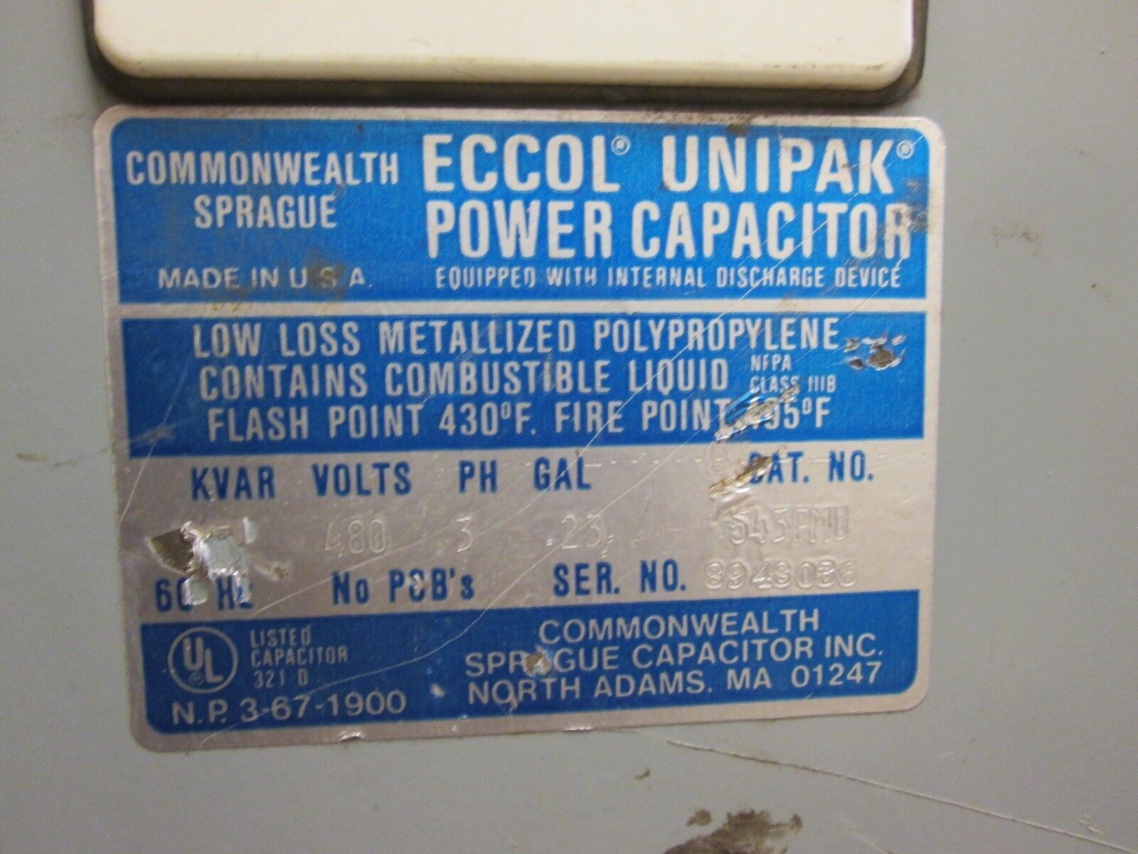 Commonwealth Sprague Eccol Unipak Power Capacitor 543PMU 5kvar 480V 3Ph Used