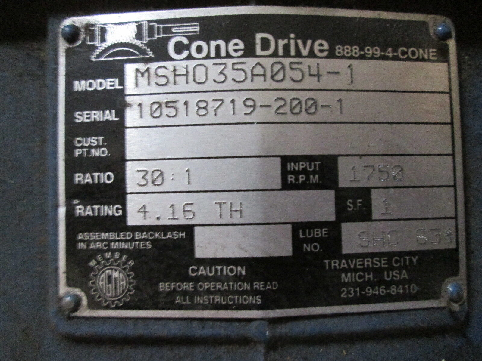AGMA Cone Drive MSH035A054-1 Ratio 30:1 1750RPM Used