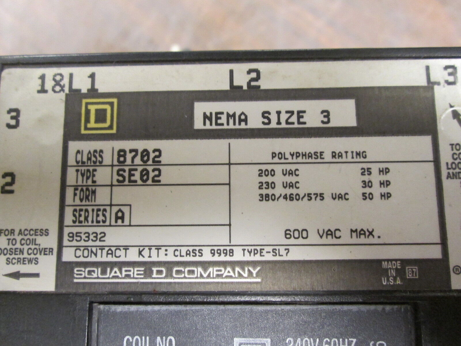 Square D Size 3 Reversing Contactor 9702 SE02 240V Coil 600V Used