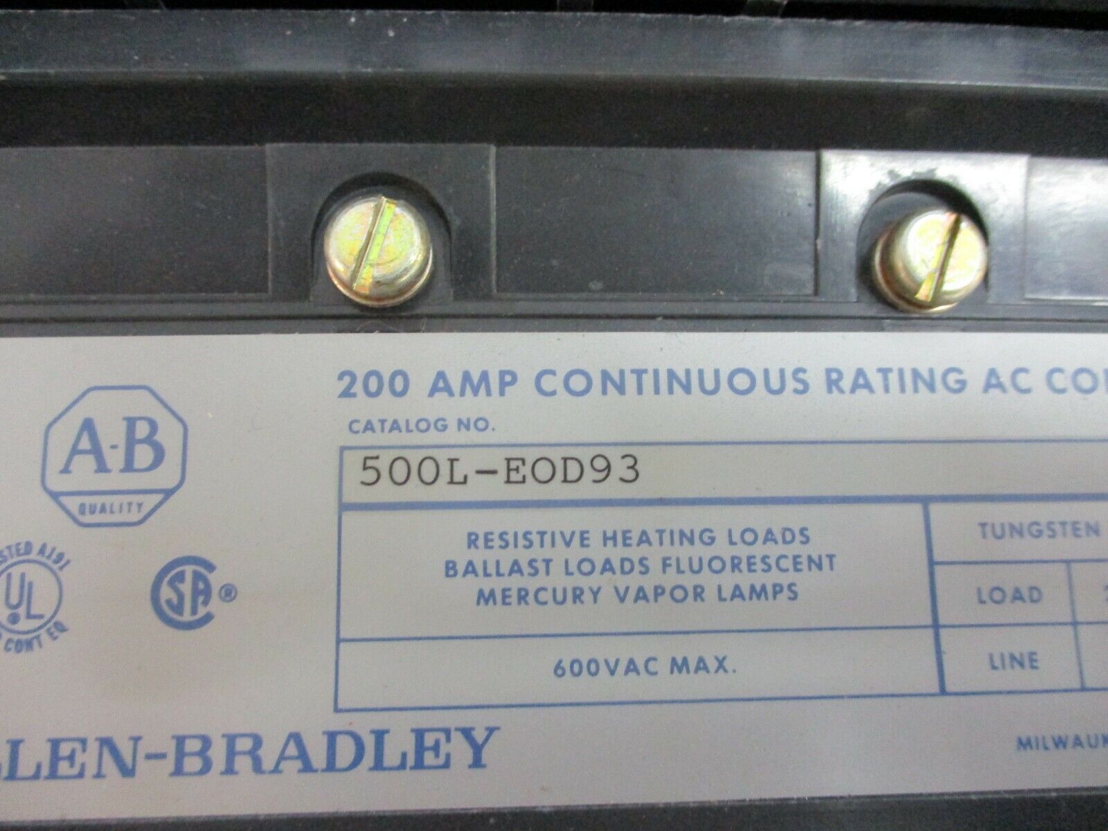 Enclosed Lighting Contactor 500L-EAD93 Ser.B 115-120V Coil 200A 600V Used