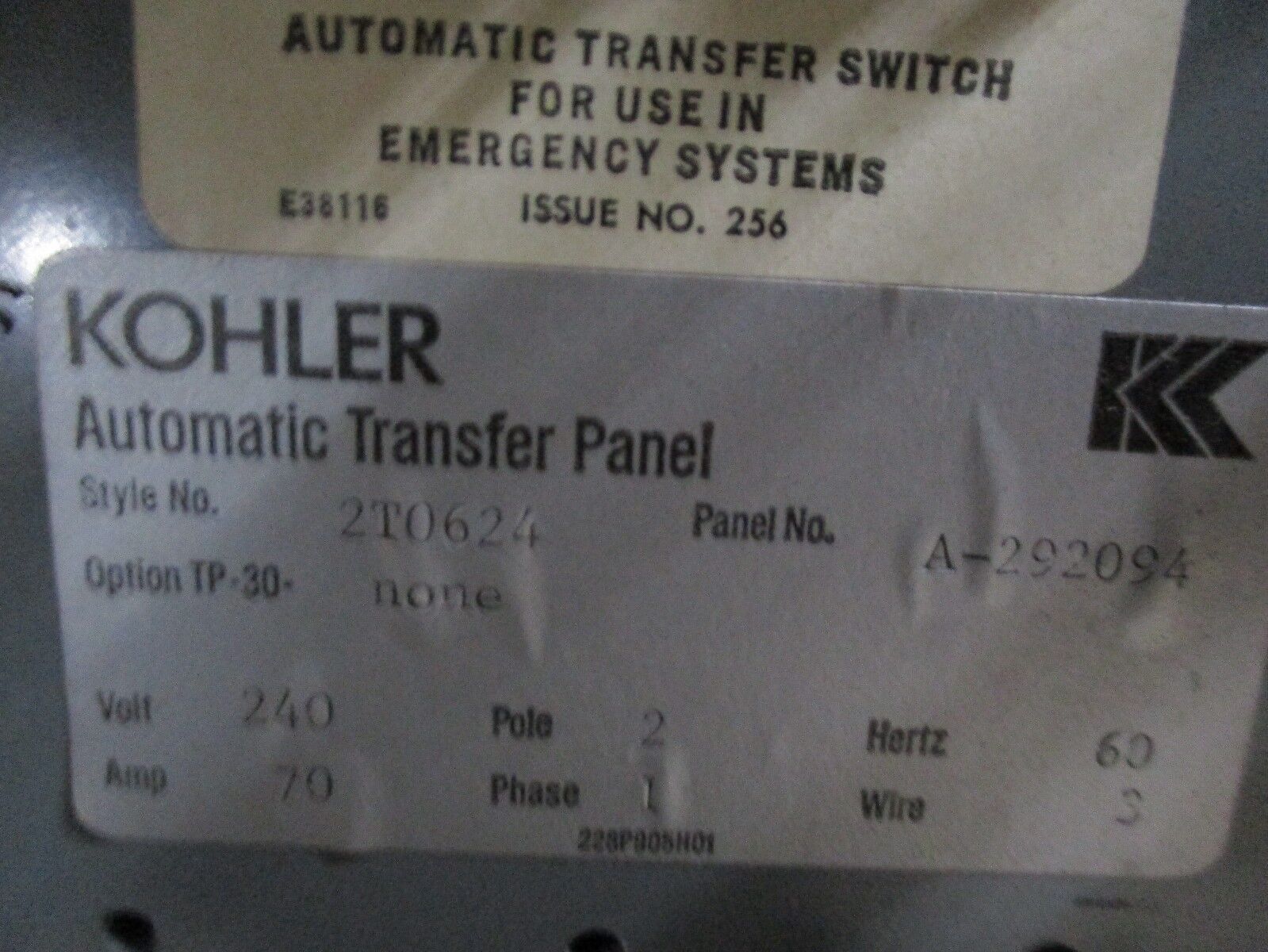 Kohler Automatic Transfer Panel 2T0624 70A 240V 2P 1Ph 3W 60Hz Used