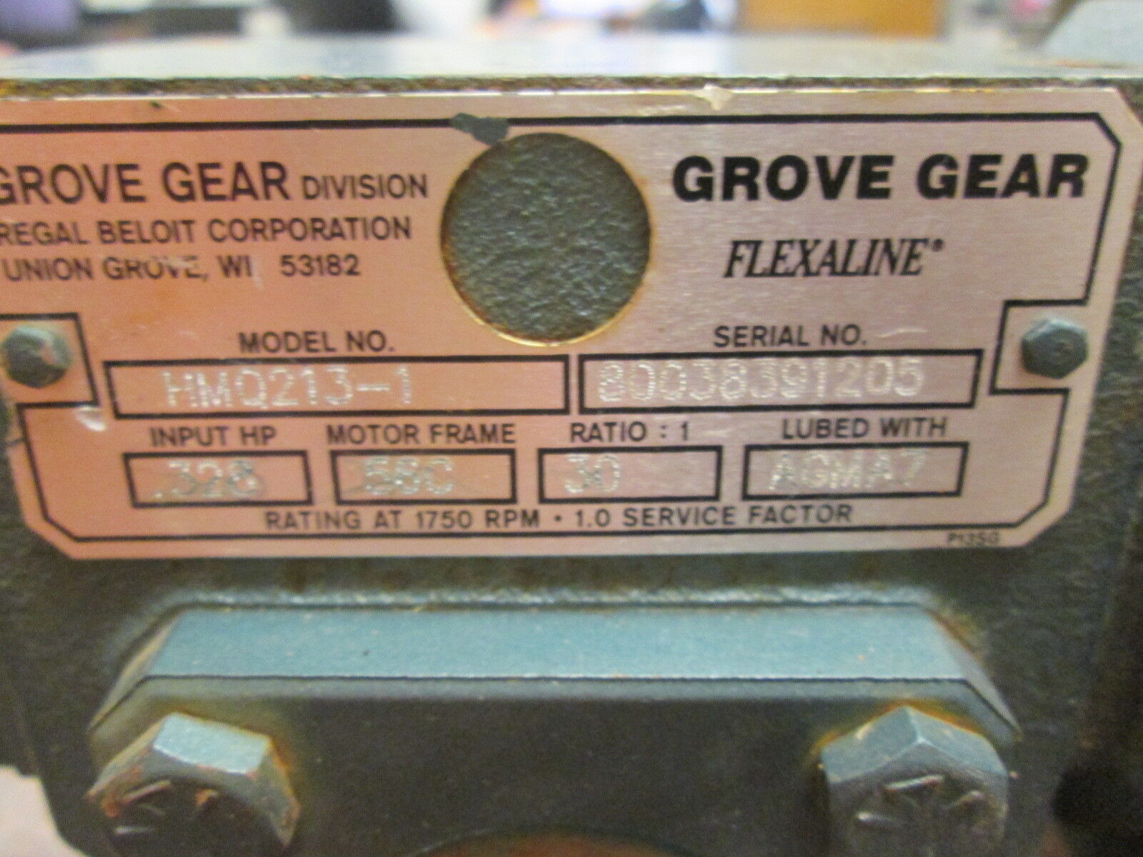 Grove Gear Flexaline Reducer HMQ-213-1 Ratio 30:1 0.328HP In 56C Frame Used
