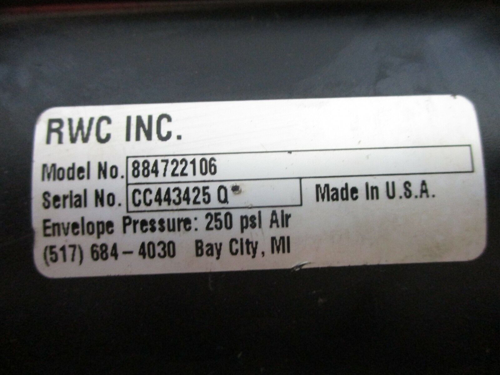 RWC Air Cylinder 884722106 250PSI Used