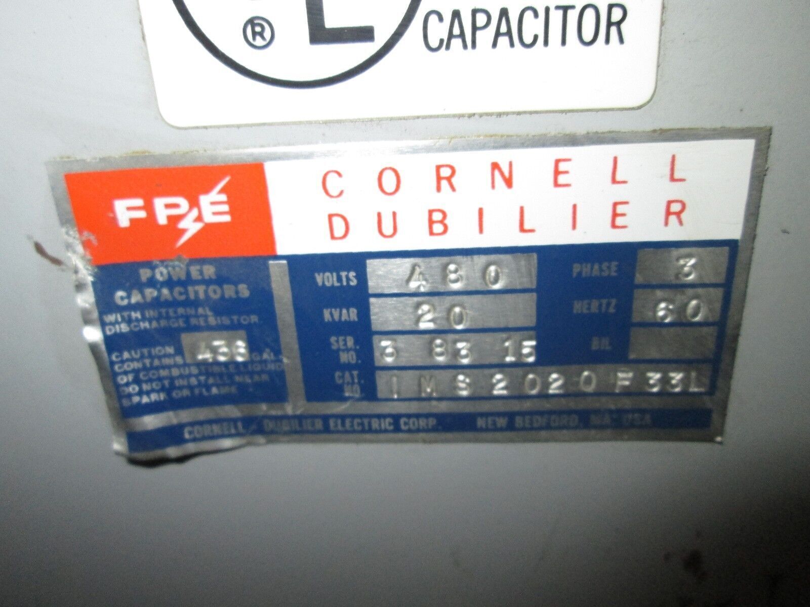 FPE / Cornell Dubilier Capacitor INS2020F33L 20KVAR 480V 3Ph Used