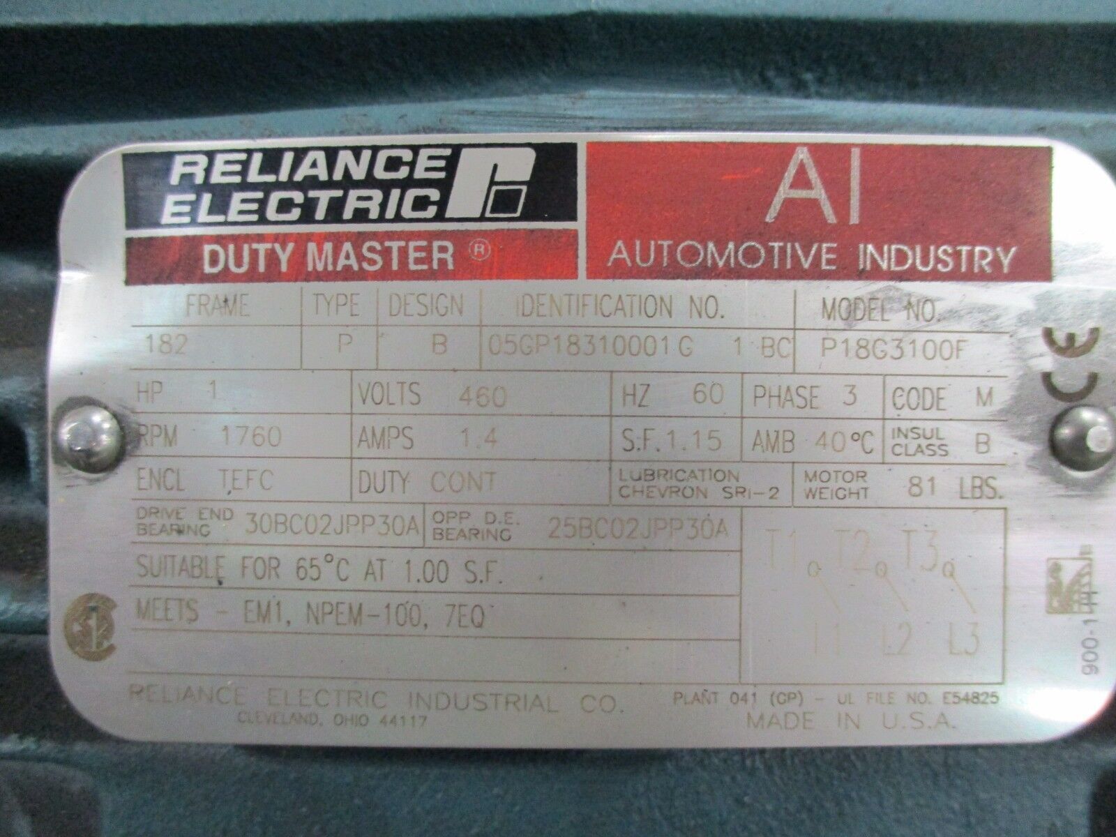 Reliance AI Duty Master AC Motor P18G3100F 1HP 1800RPM 460V 1.4A 3Ph New Surplus