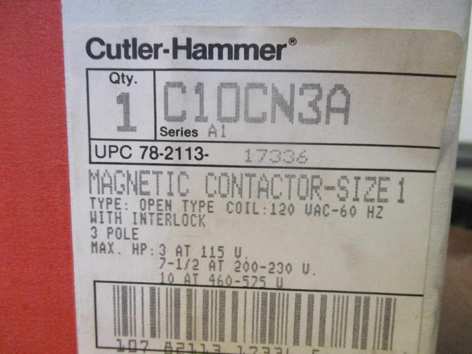Cutler-Hammer Size 1 Contactor C10CN3A 120V Coil 3P New Surplus