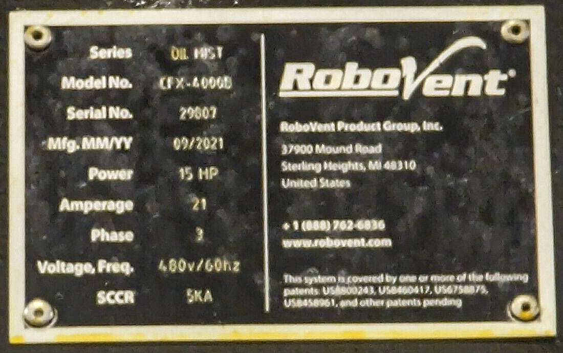 RoboVent Oil Mist Collector Assembly CFX-4000B 15HP x 3, 21A x 3 3Ph 480V 60Hz
