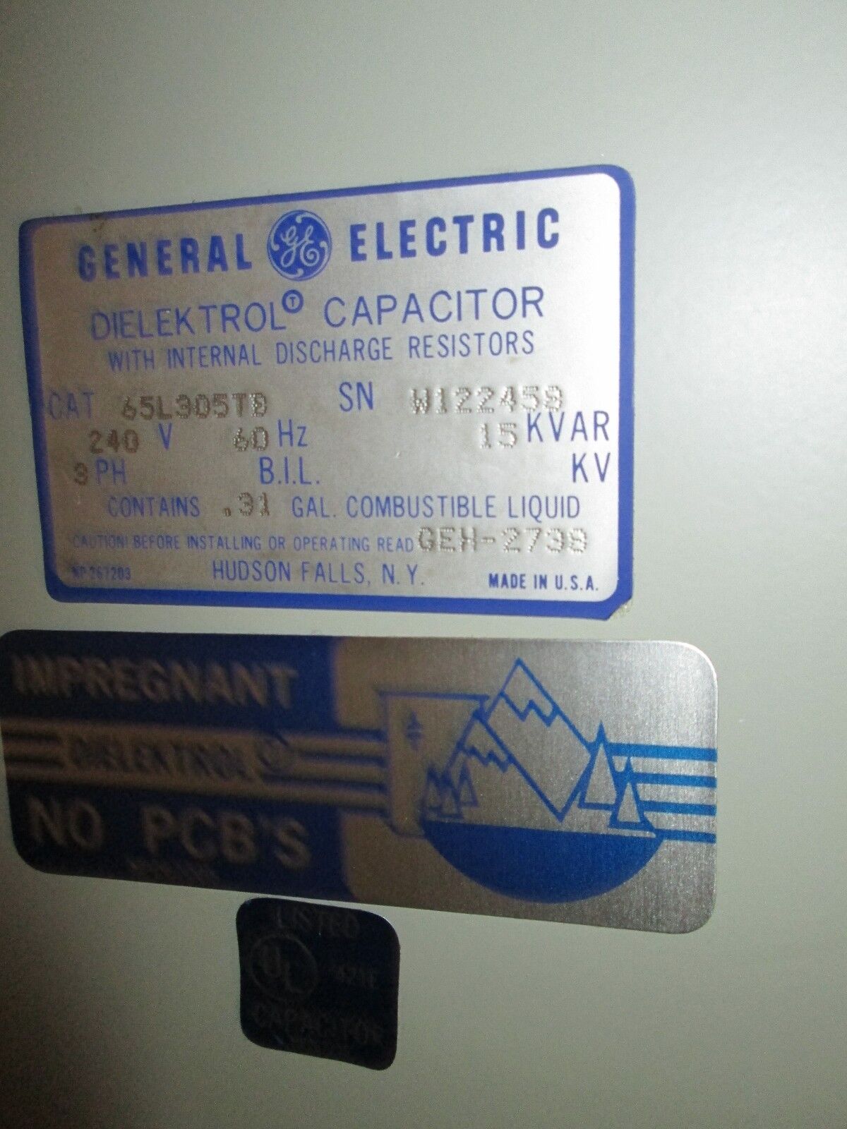 GE Dielektrol Capacitor 65L305TB w/ Internal Discharge Resistors 240V 15KVAR