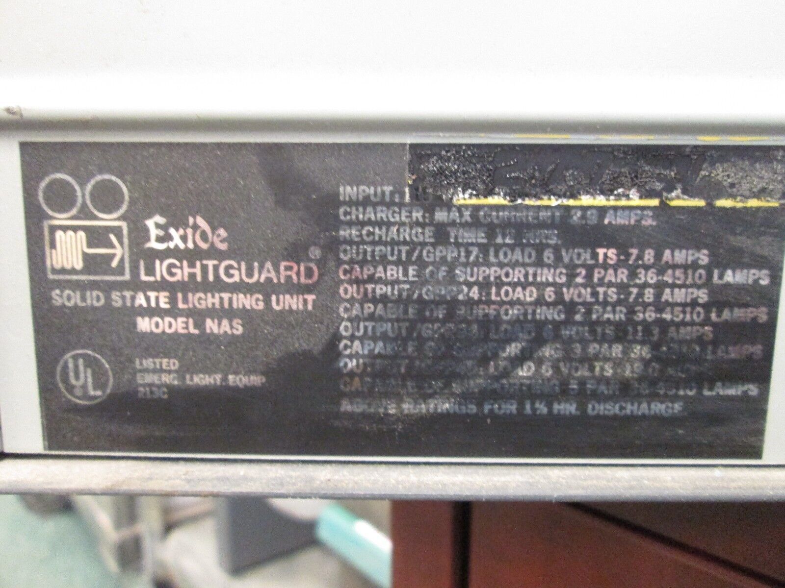 Exide Lightguard Solid State Lighting Unit Model NAS Input: 115VAC 60 Watts Used