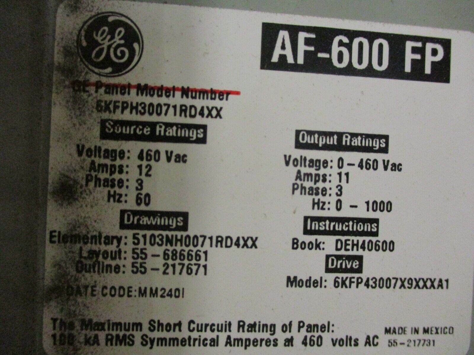 GE AF-600 FP AC Drive w/ Bypass 6KFPH30071RD4XX 7.5HP 3Ph 460V Used