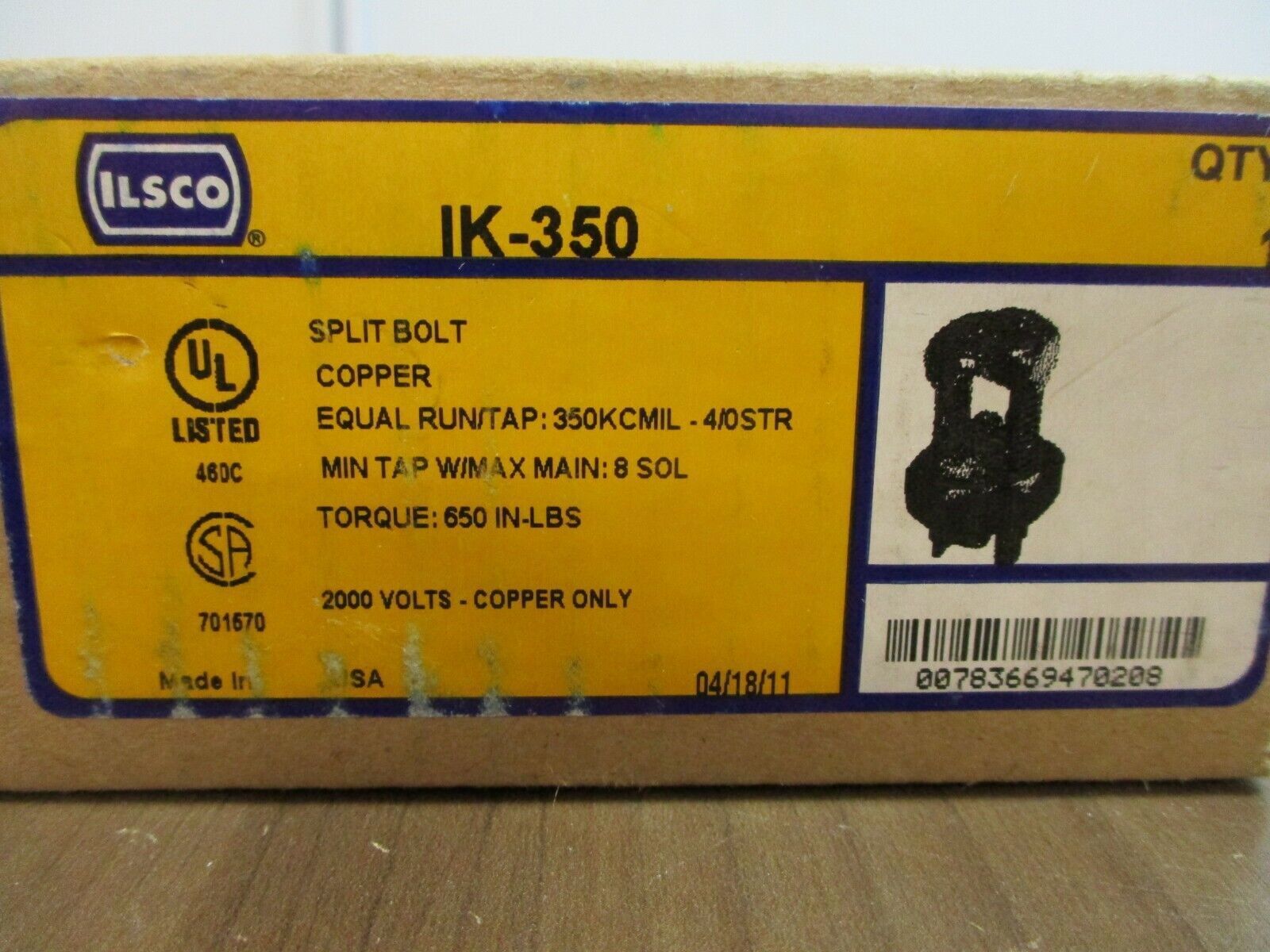 Ilsco Copper Split Bolt IK-350 2000V Equal Run/Tap: 350KCMIL-4/0STR New Surplus
