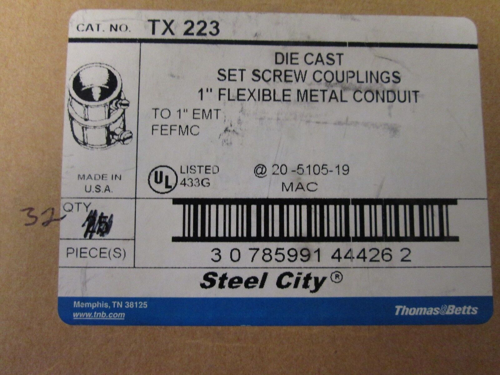 Steel City Flexible Conduit Set Screw Coupling TX223 Size 1" *Lot of 32* New