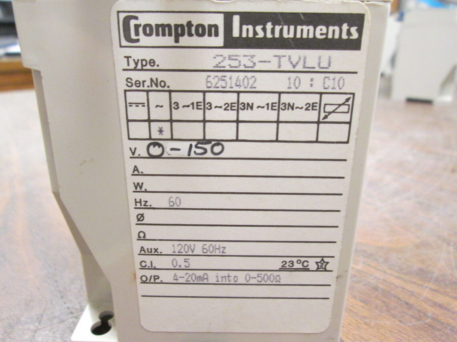 Crompton Paladin Transducer 253-TVLU-PZHG 150V Range 4/20mA Scale Used