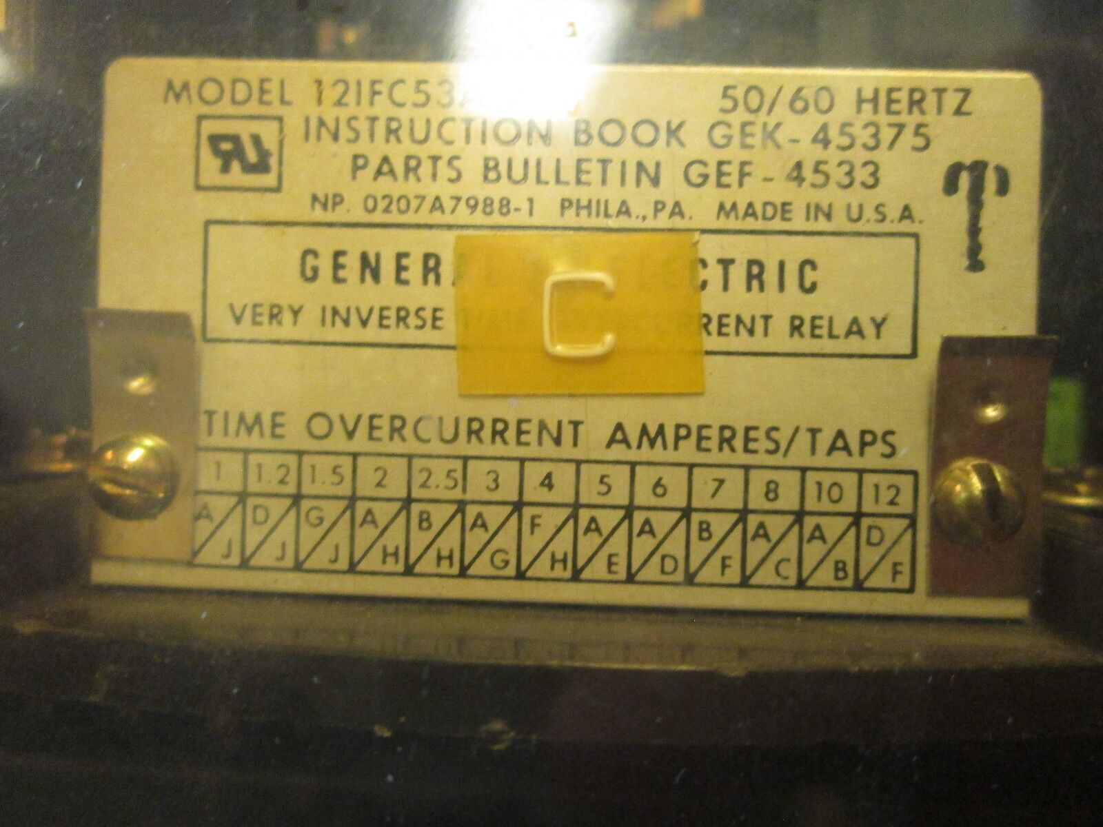 GE Very Inverse Overcurrent Relay 12IFC53A1A 50/60Hz Used