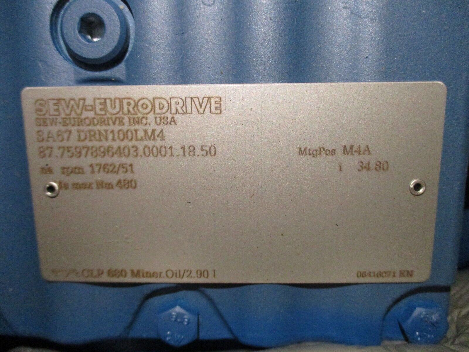 SEW-EURODRIVE Gearmotor SA67 DRN100LM4 1762/51 RPM New Surplus
