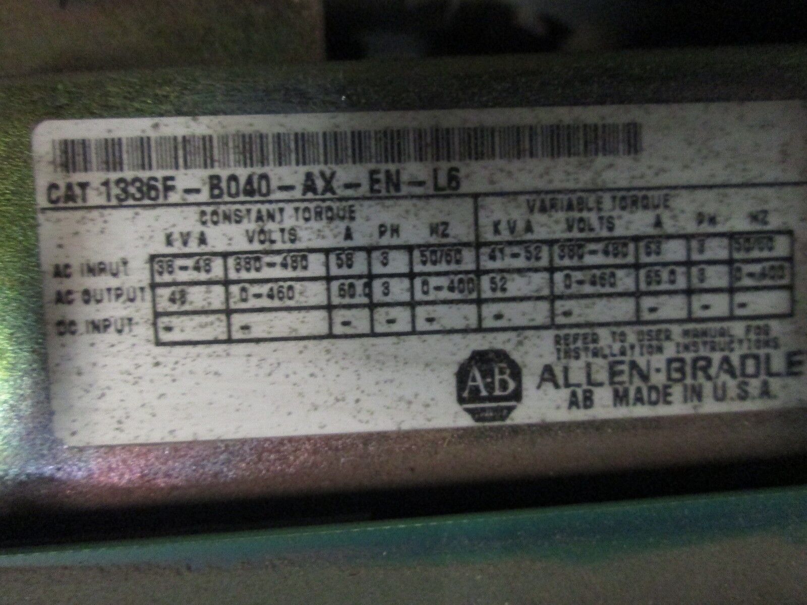 Allen-Bradley 1336 Plus II AC Drive w/ Bypass 1336F-B040-AX-EN-L6 40HP Used