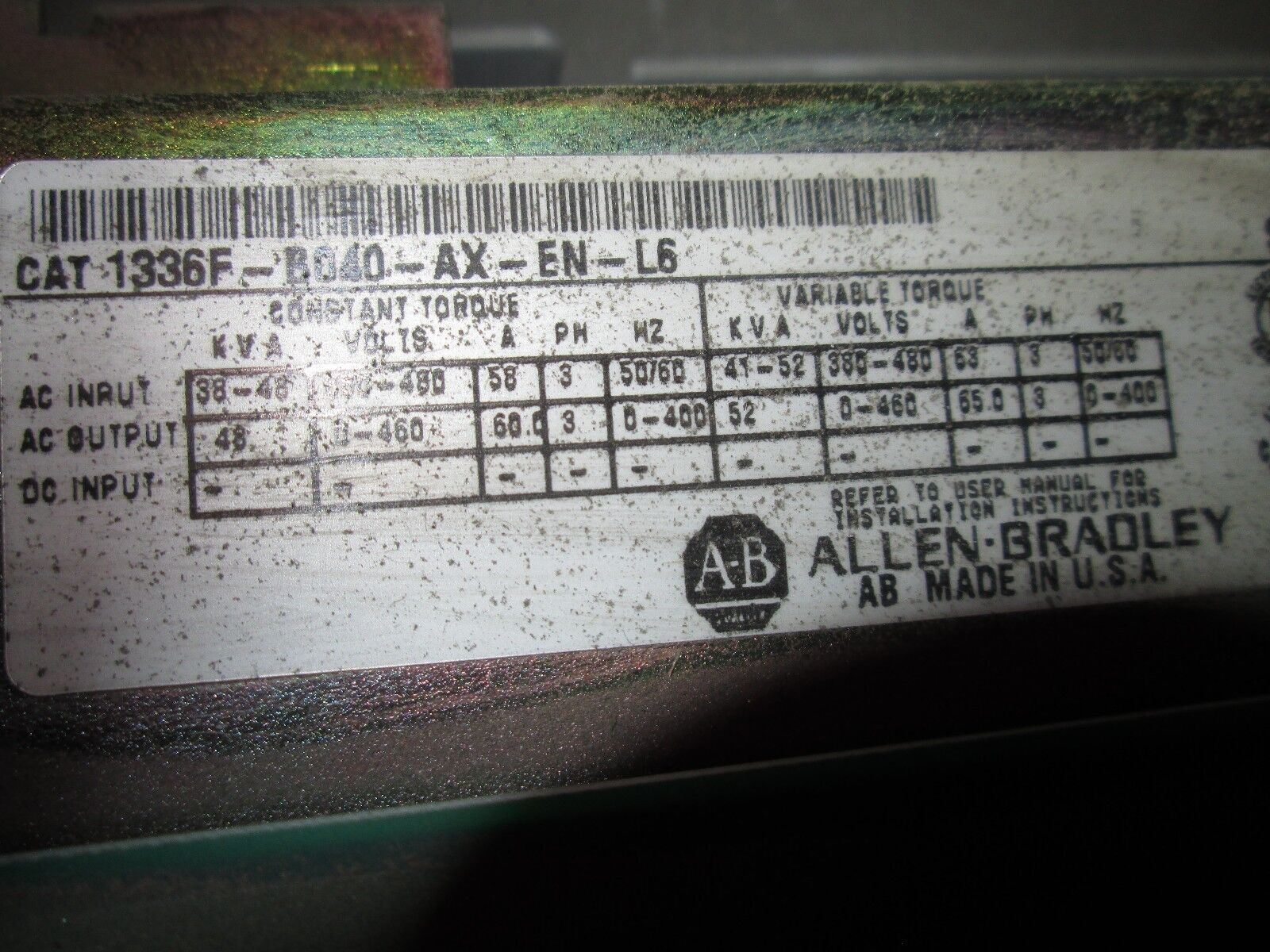 Allen-Bradley 1336 Plus II AC Drive w/ Bypass 1336F-B040-AX-EN-L6 40HP Used