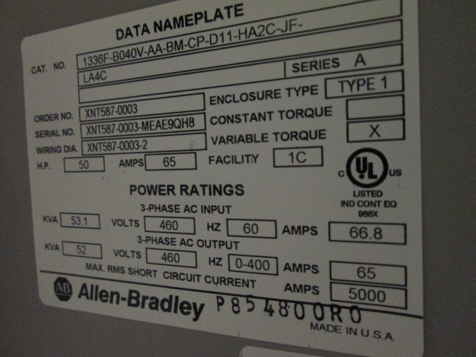 Allen-Bradley 1336 Plus II AC Drive w/ Bypass 1336F-B040-AX-EN-L6 40HP Used