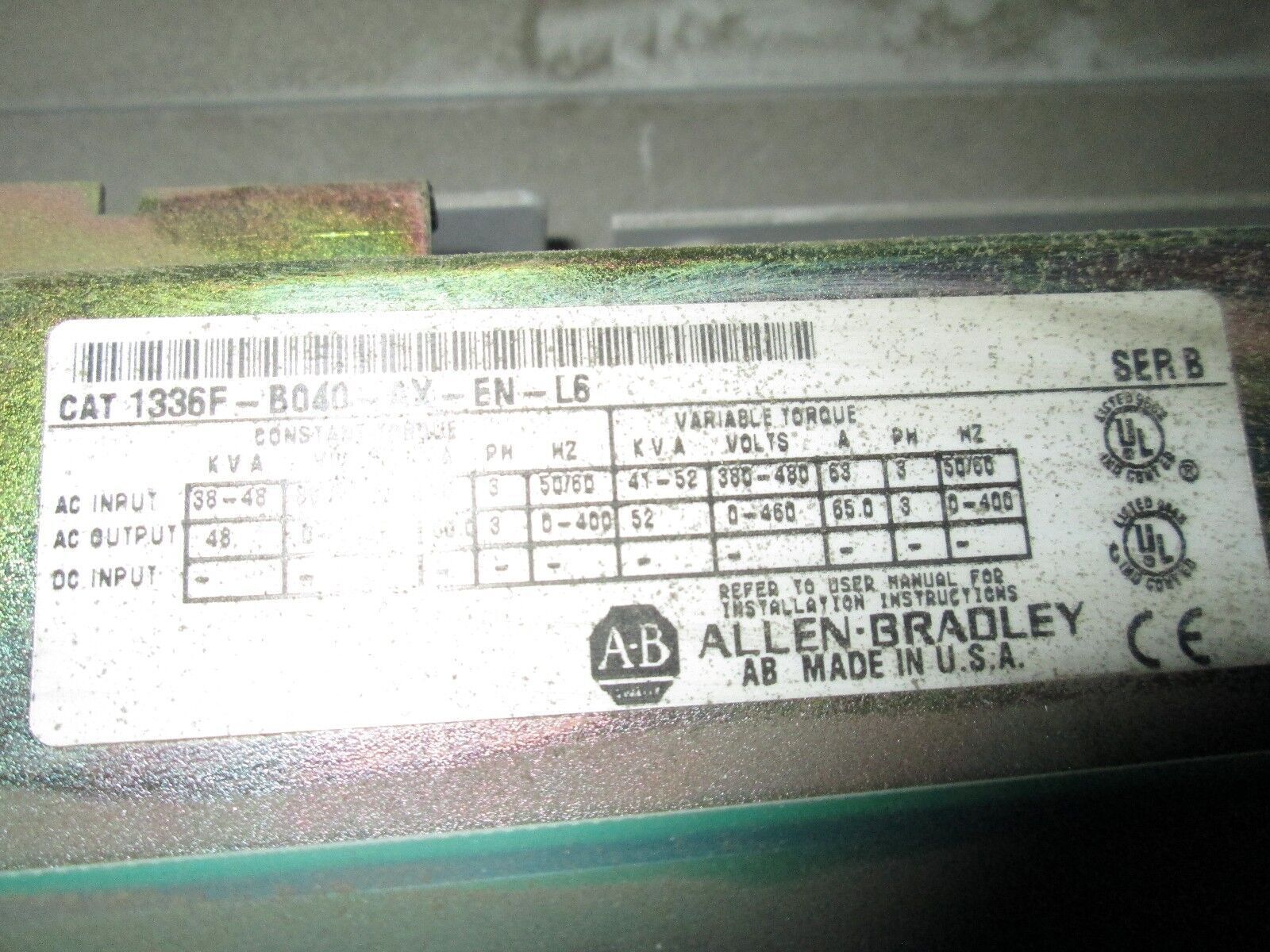 Allen-Bradley 1336 Plus II AC Drive w/ Bypass 1336F-B040-AX-EN-L6 40HP Used