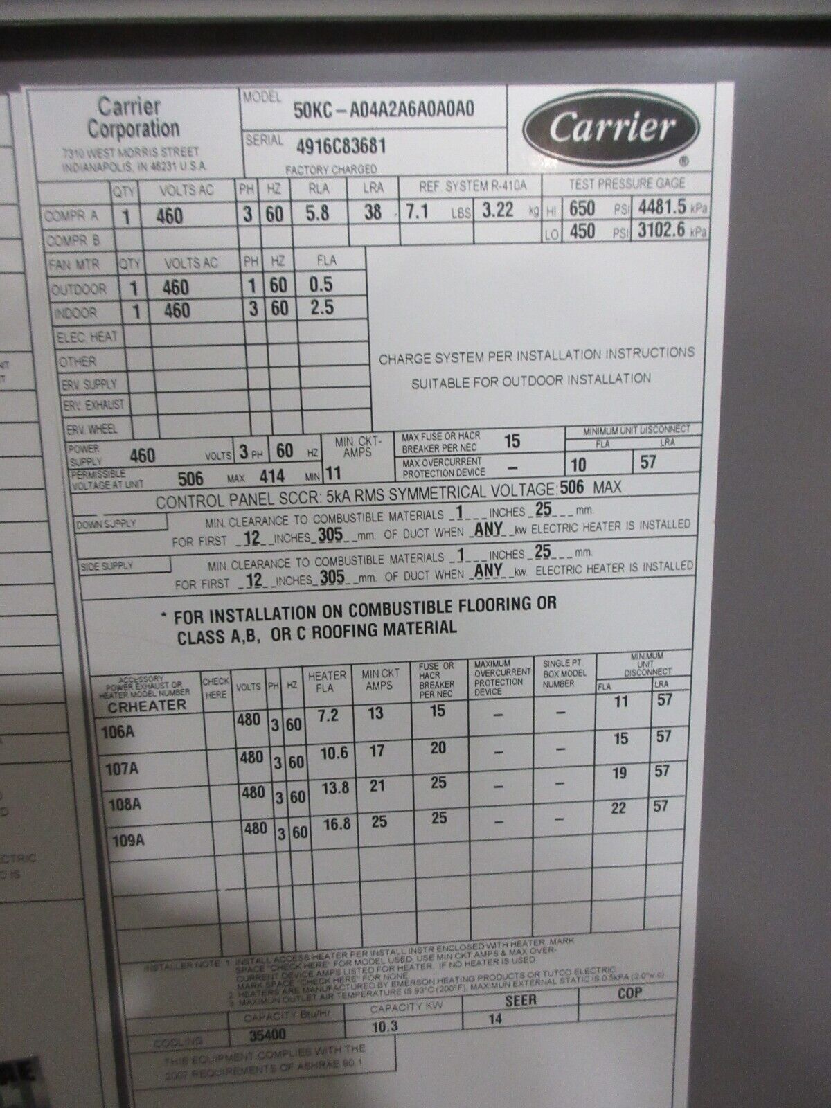 Carrier Rooftop Unit 50KC-A04A2A6A0A0A0 3-Ton 460V 3Ph 60Hz Power Exhaust Used