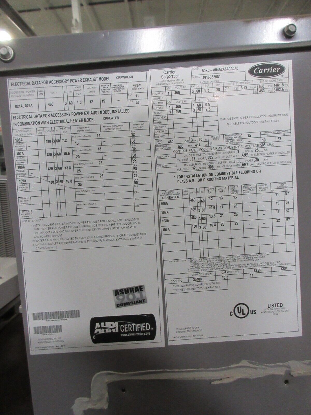 Carrier Rooftop Unit 50KC-A04A2A6A0A0A0 3-Ton 460V 3Ph 60Hz Power Exhaust Used
