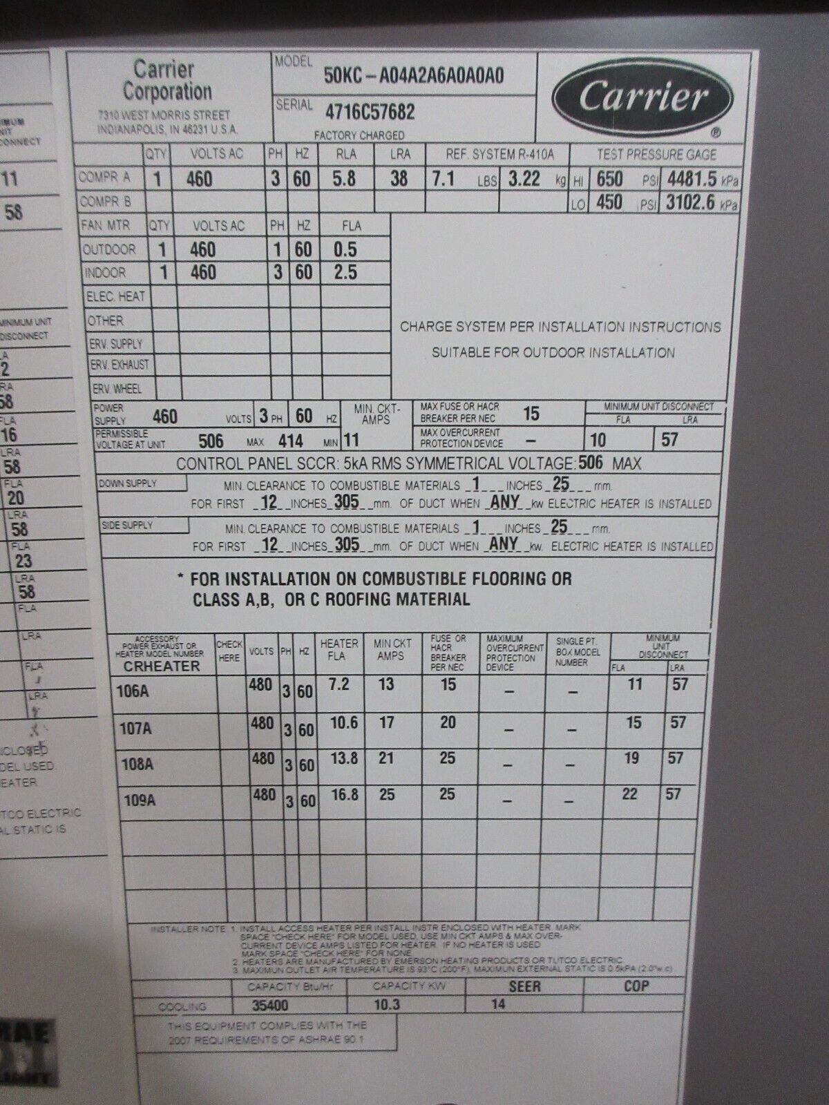 Carrier Rooftop Unit 50KC-A04A2A6A0A0A0 3-Ton 460V 60Hz 3Ph Power Exhaust Used