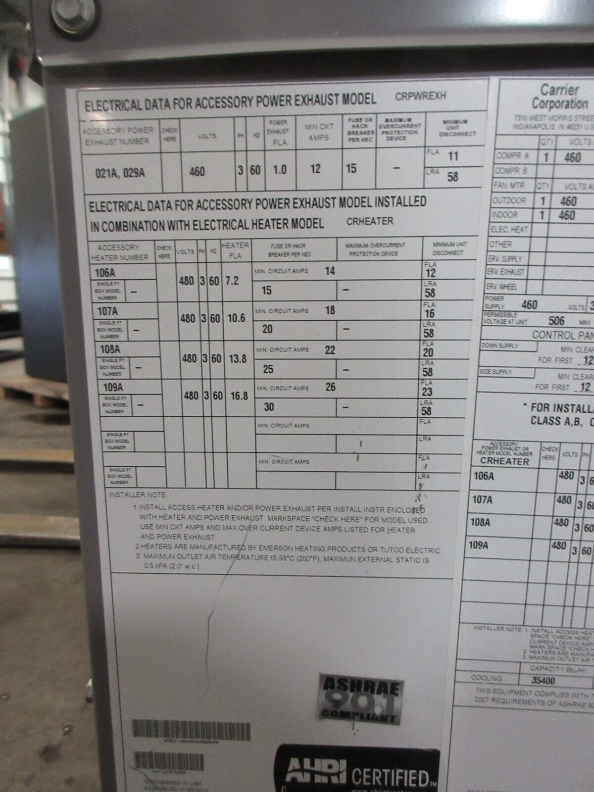 Carrier Rooftop Unit 50KC-A04A2A6A0A0A0 3-Ton 460V 60Hz 3Ph Power Exhaust Used