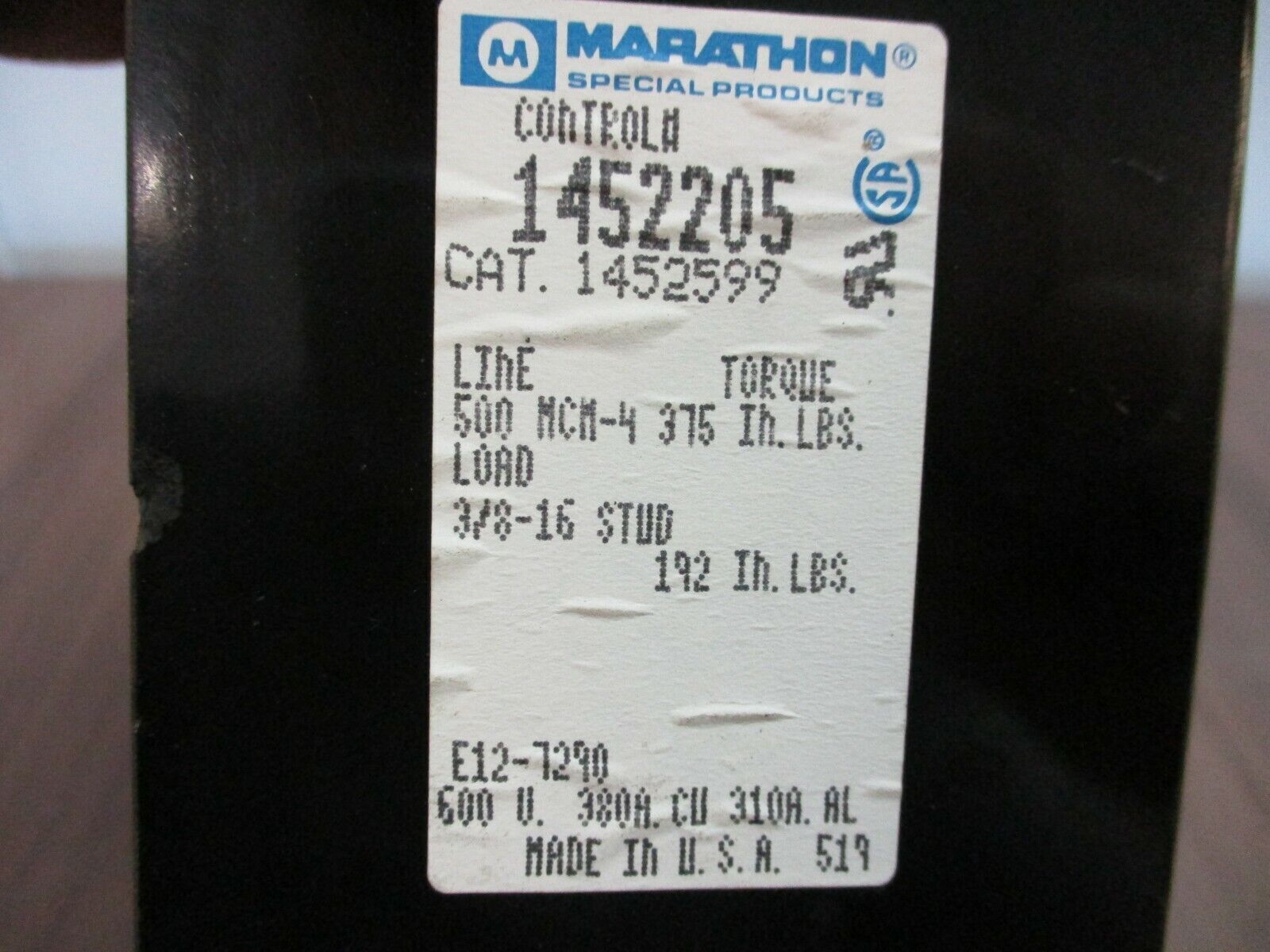 Marathon Power Distribution Block, 1452205, 600V, 2P, 380A, Line:500MCM-4, Used