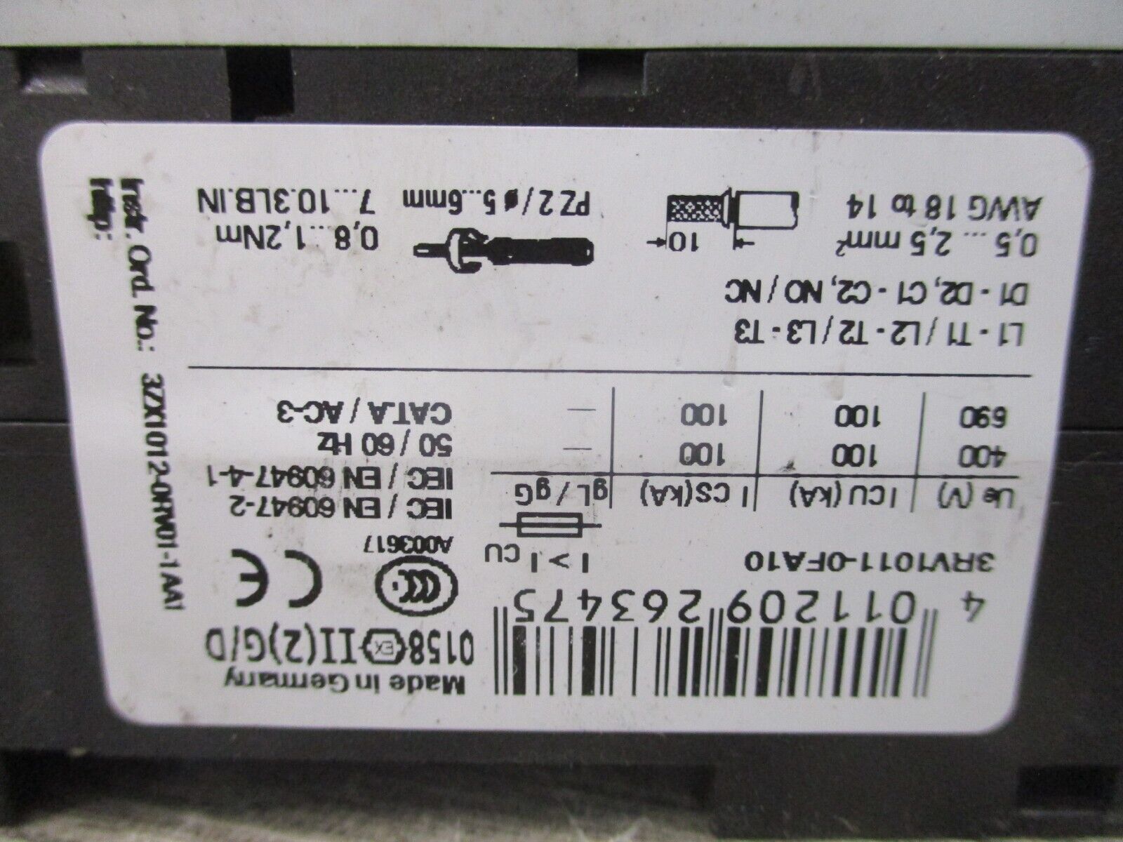Siemens Sirius Manual Starter 3RV1011-0FA10 Trip: 0.35-0.5A Used