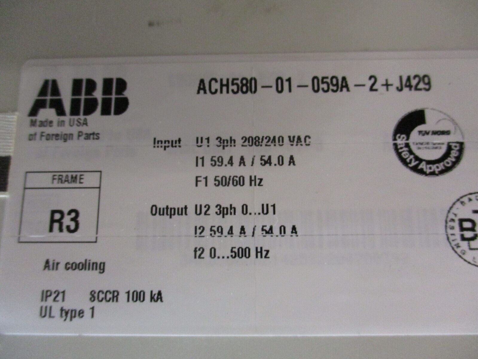 ABB ACH580 AC Drive ACH580-01-059A-2+J429 20HP 3Ph *No Keypad* Used