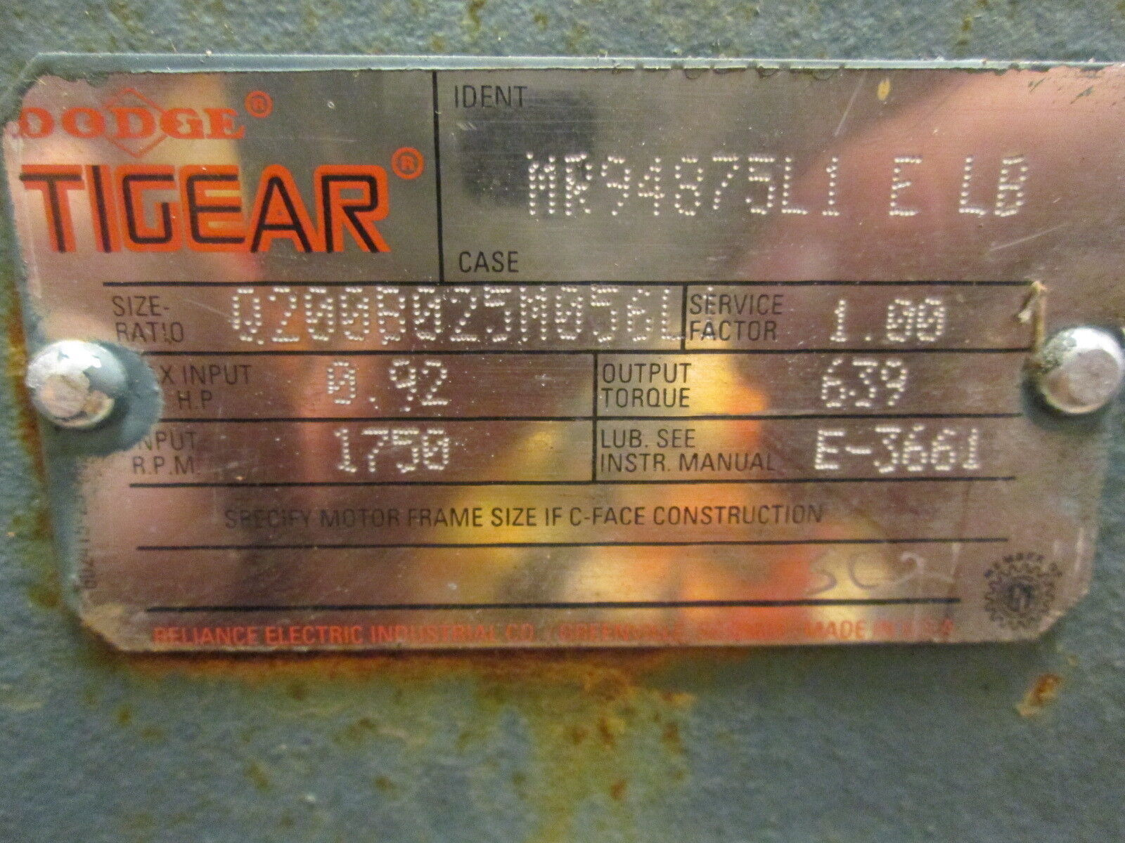 Dodge Tigear Reducer MR94875L1 E LB Size/Ratio: Q200B025M0561 0.92HP In Used