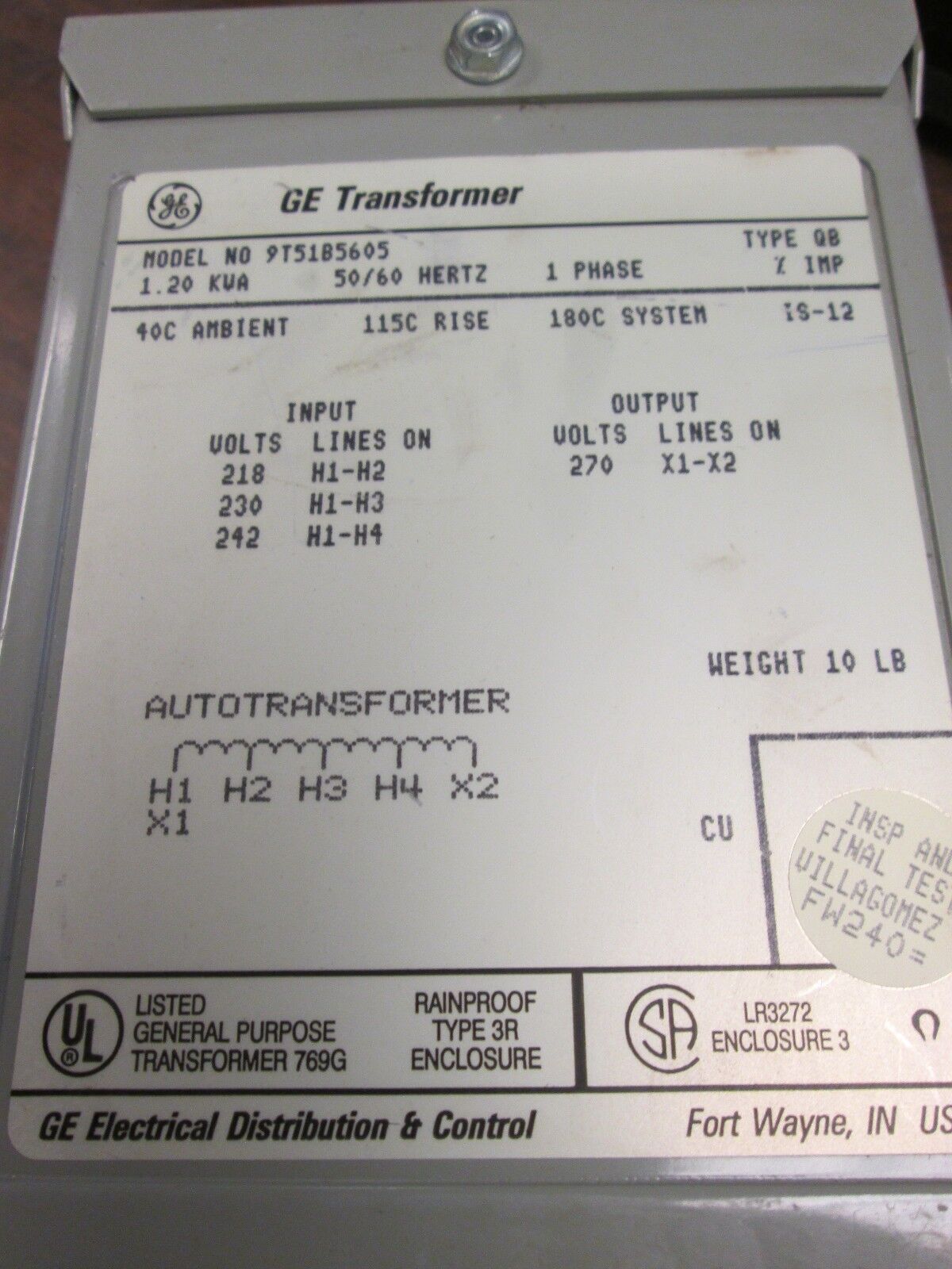 GE Transformer 9T51B5605 1.20KVA Input: 218/230/242 Output: 270V 1Ph Used