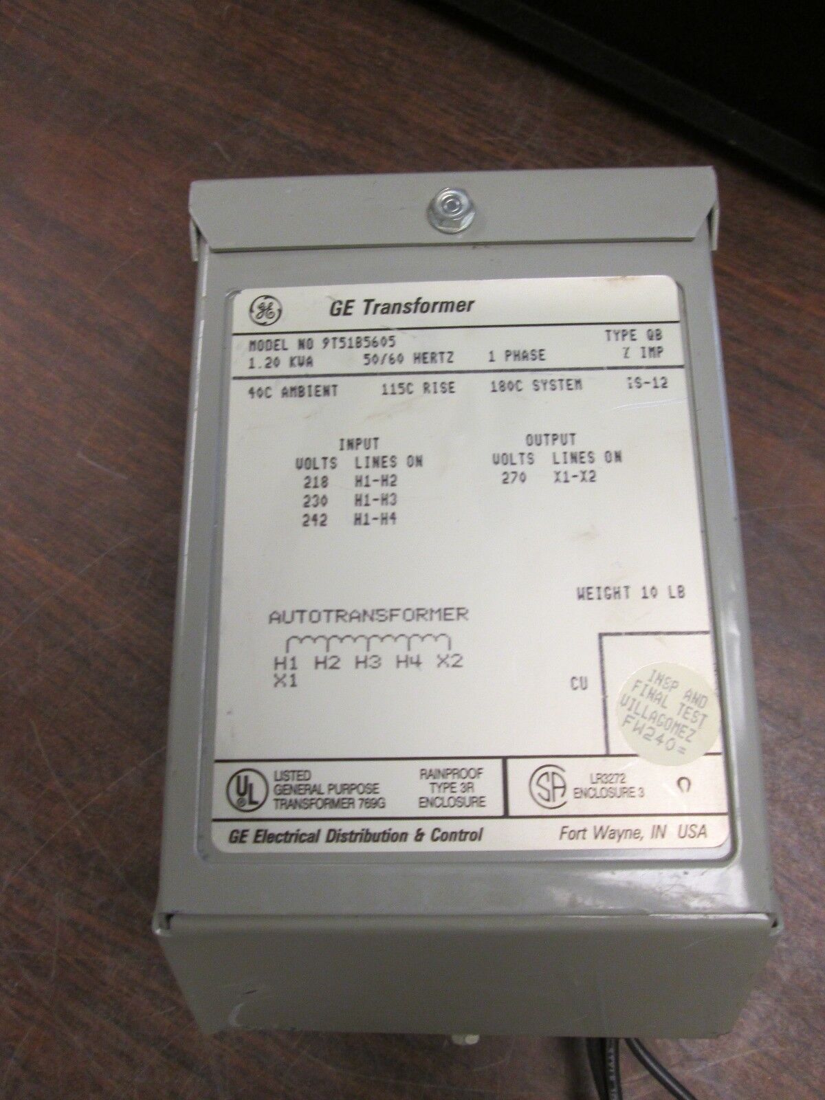 GE Transformer 9T51B5605 1.20KVA Input: 218/230/242 Output: 270V 1Ph Used