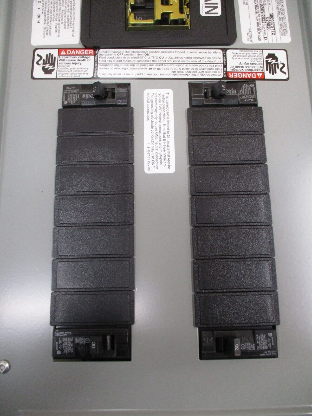 Siemens P1 Main Breaker Panelboard Interior P1A18BL125ATSN 125A Main 120/240V 3W